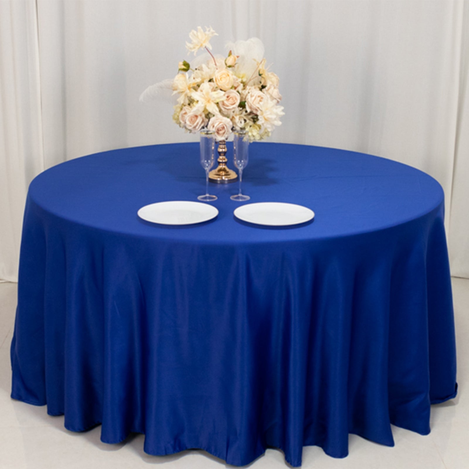Royal Blue Lamour Satin Seamless 120-Inch Round Tablecloth with Soft Sheen
