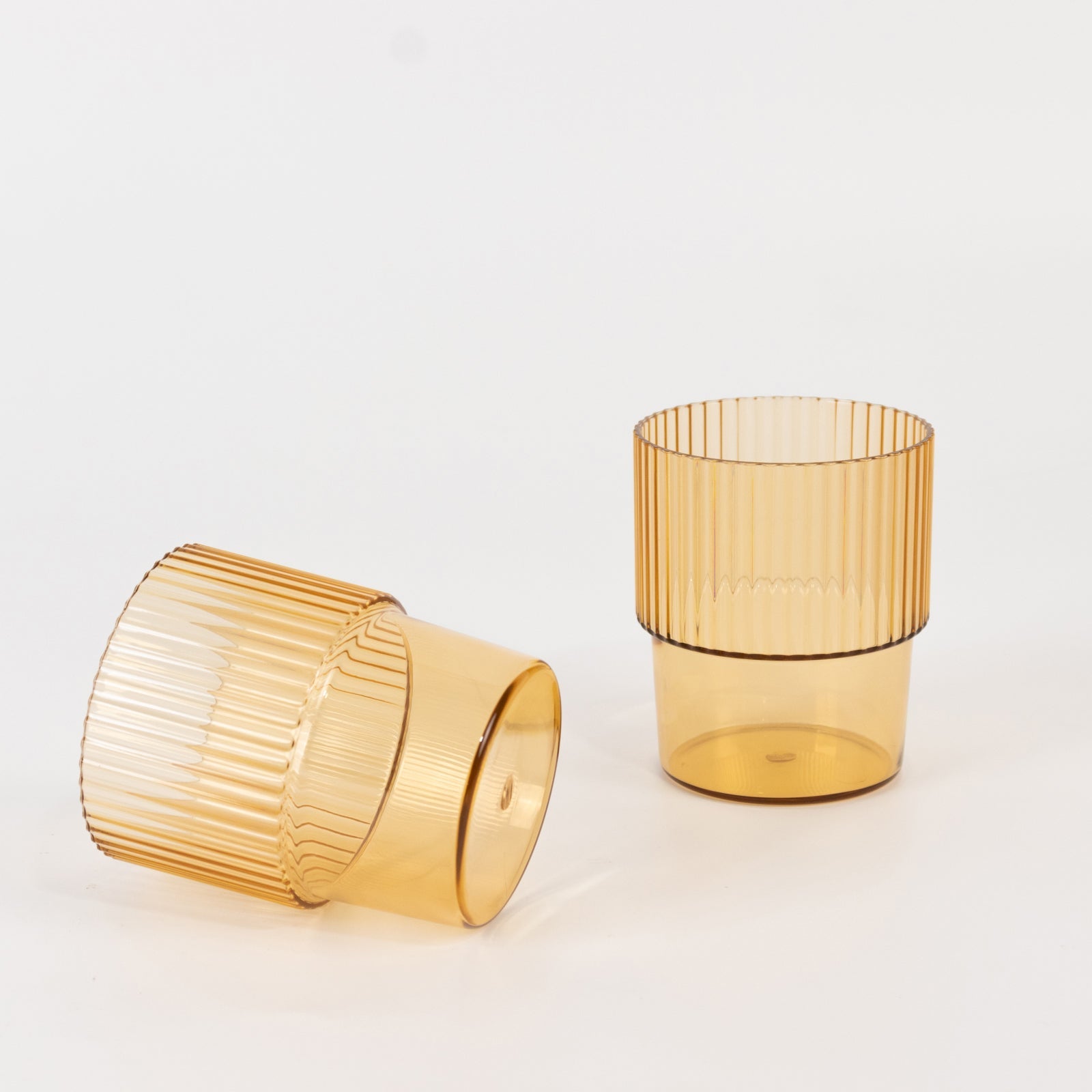 12-Piece Set of Reusable 7oz Stackable Amber Gold Plastic Drinking Glasses with Ribbed Pattern