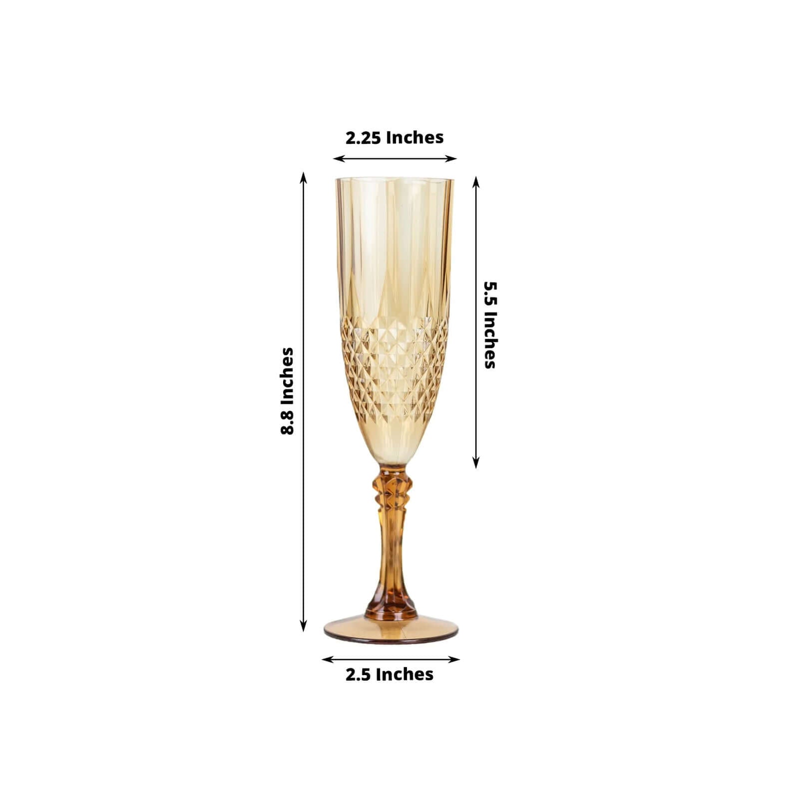 6-Piece Set of Reusable 8oz Amber Gold Plastic Champagne Toast Flutes with Crystal Cut Design