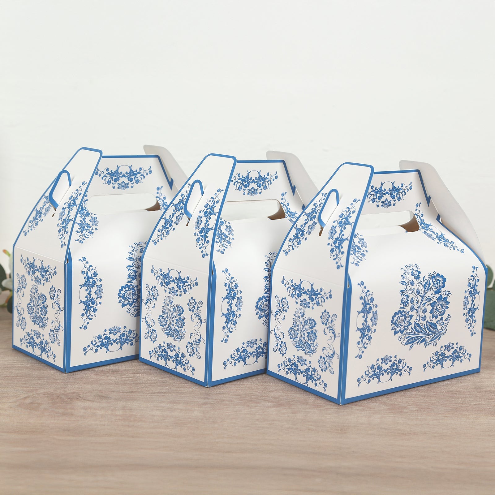 25-Pack White and Royal Blue Floral Damask Tote Gable Party Favor Candy Gift Boxes