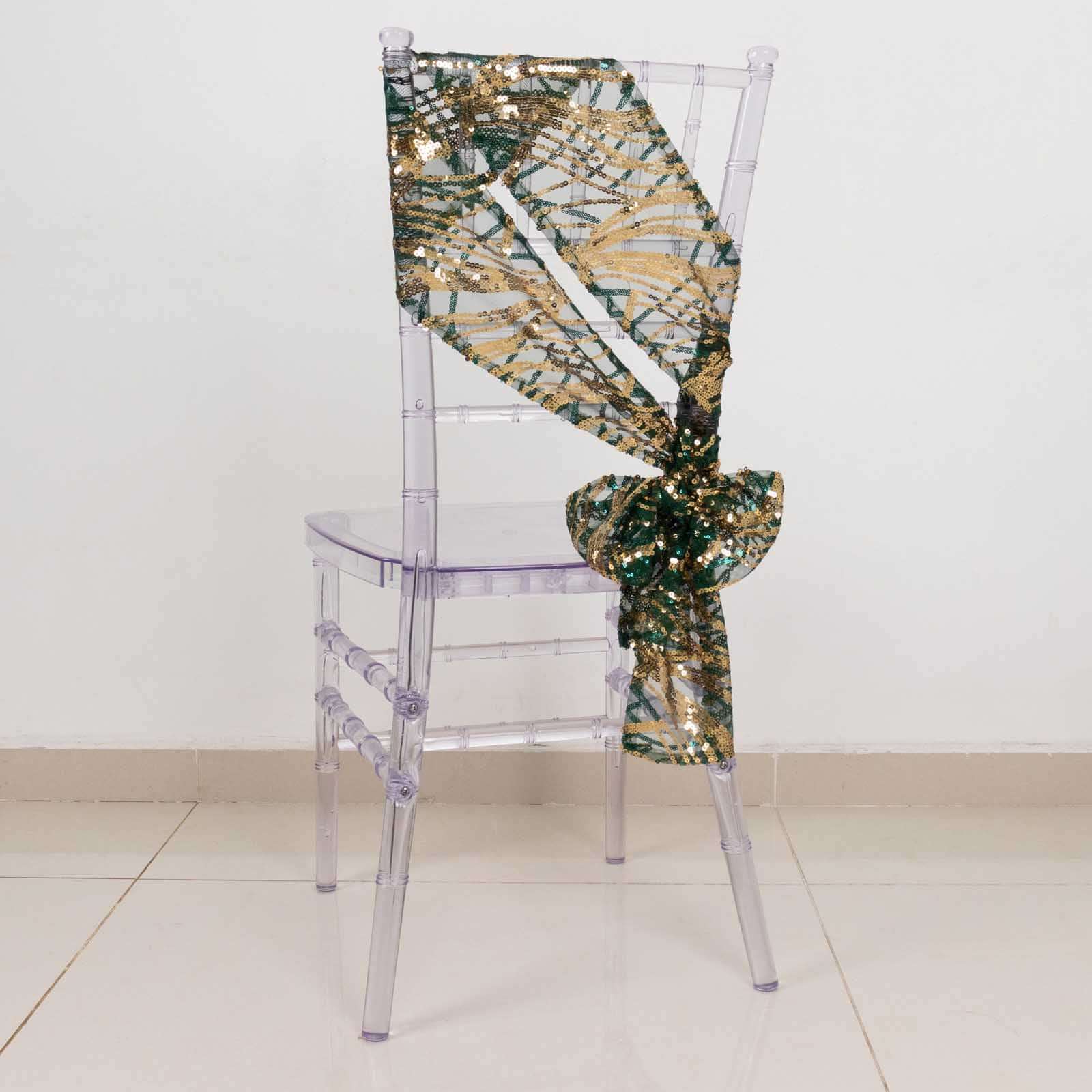 Special Offer! 5-Piece Chair Sashes in Sparkling Hunter Emerald Green/Gold with Wave Sequin Design