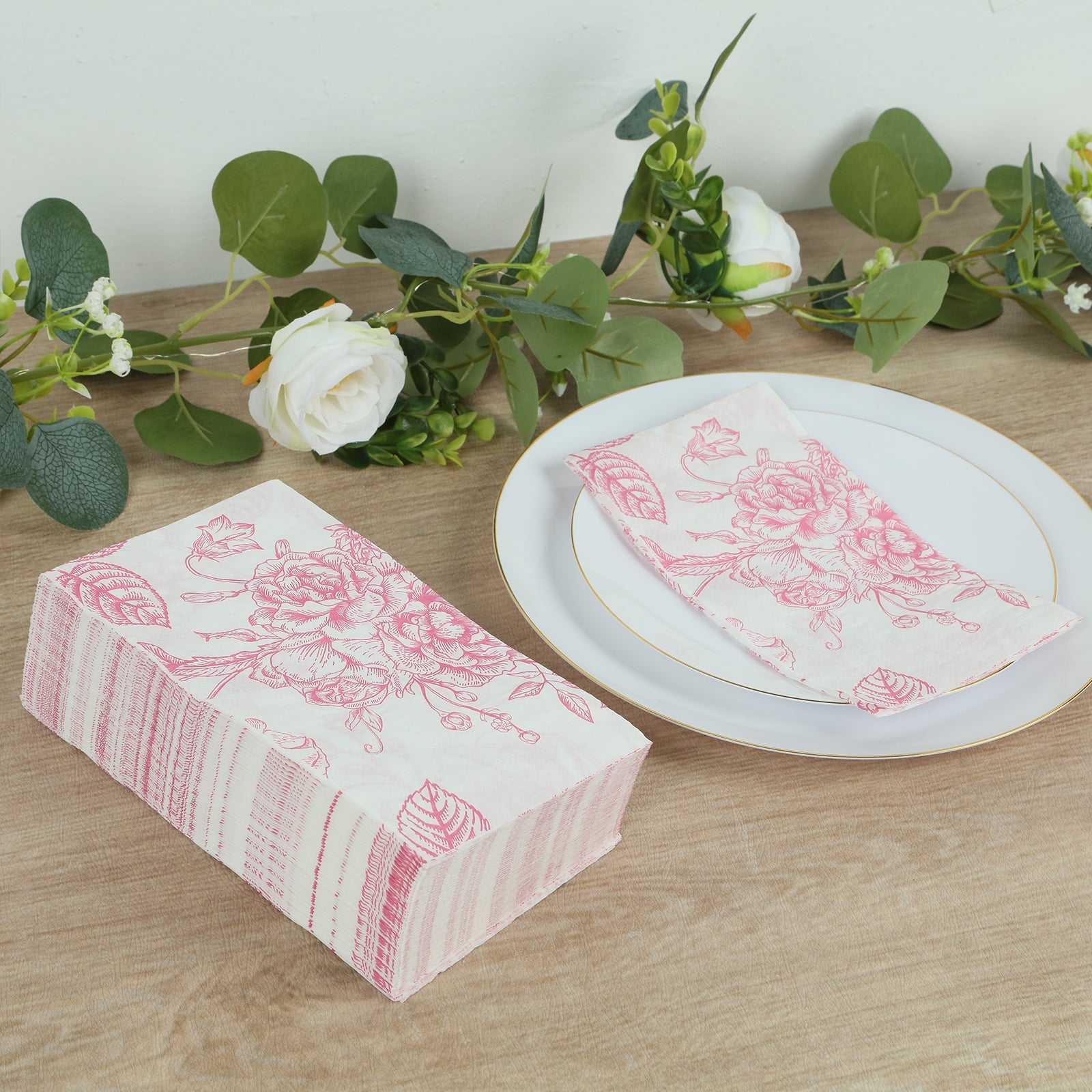 50 Pack Disposable 2-Ply French Toile Floral Pink & White Absorbent Party Napkins