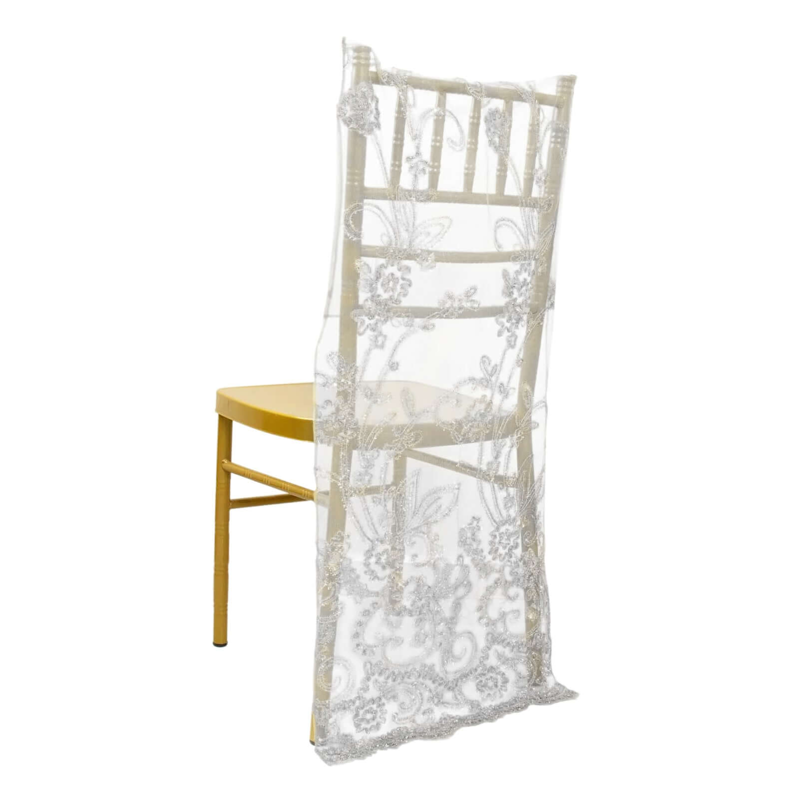 White Organza Chiavari Chair Slipcover with Floral Sequin Embroidery - Ideal for Weddings