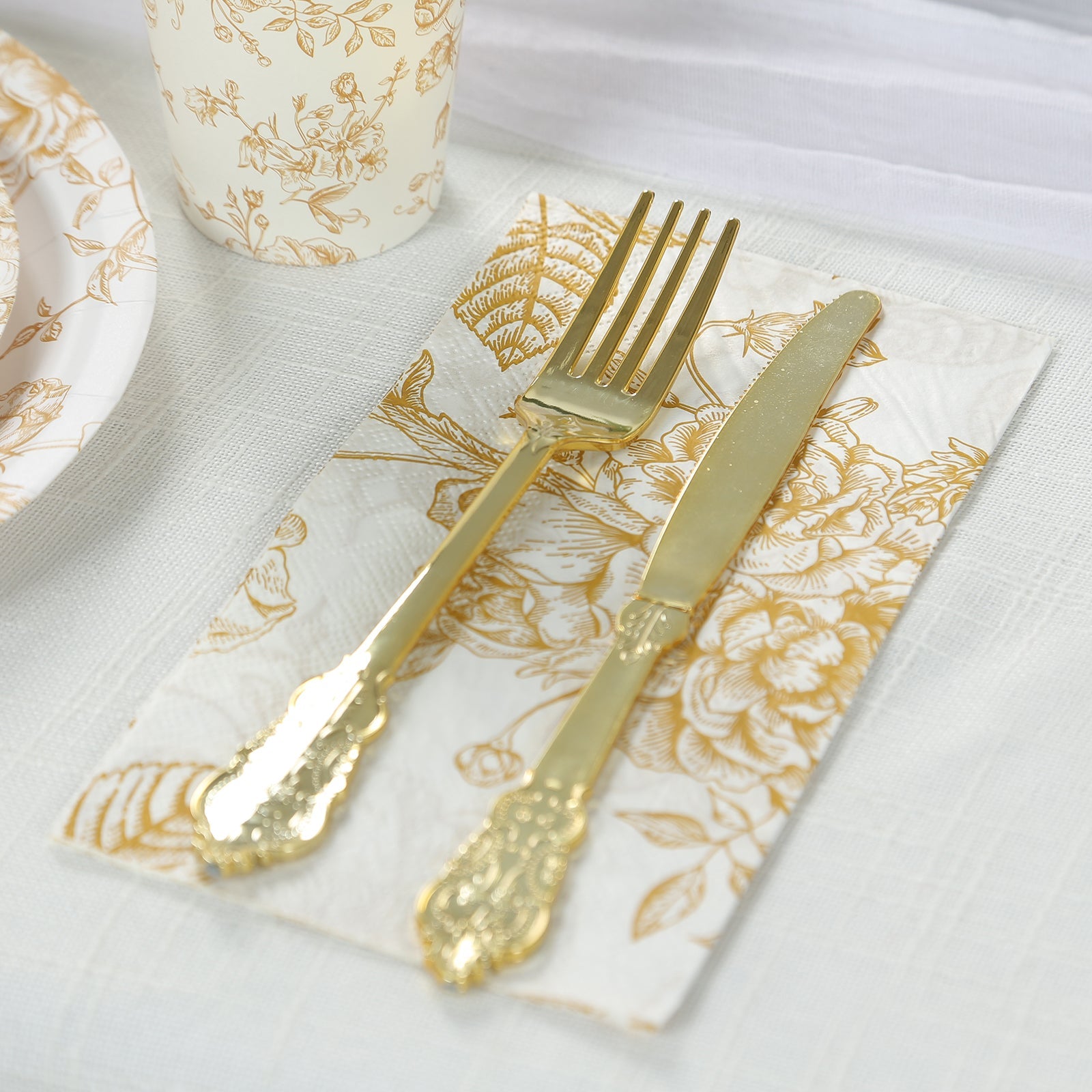 50-Piece 2-Ply White Paper Dinner Napkins with Gold French Toile Floral Design - Ideal for Events
