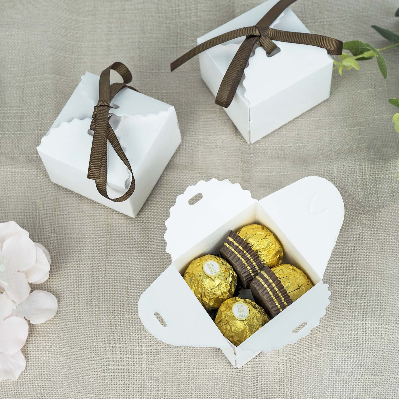 25-Piece Set of 2.5x2.5 White Cardstock Gift Boxes with Brown Grosgrain Ribbons
