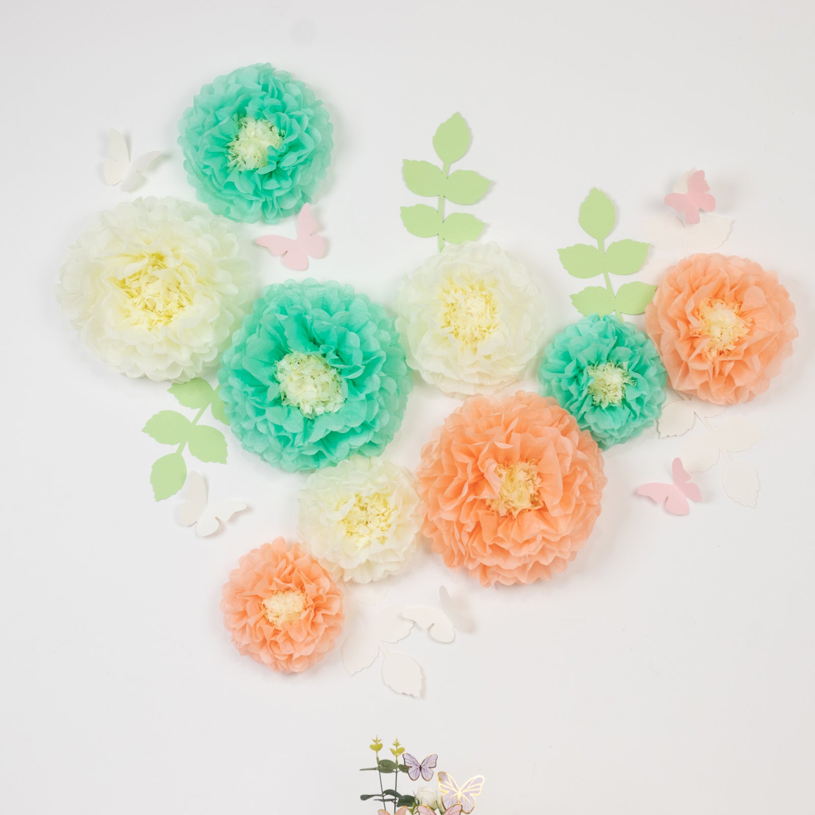 Hot! 21-Piece Tissue Paper Flower Pom Poms Decor Kit - Cream Peach 3D Chrysanthemum Wall Decor with Butterflies & Olive Leaves