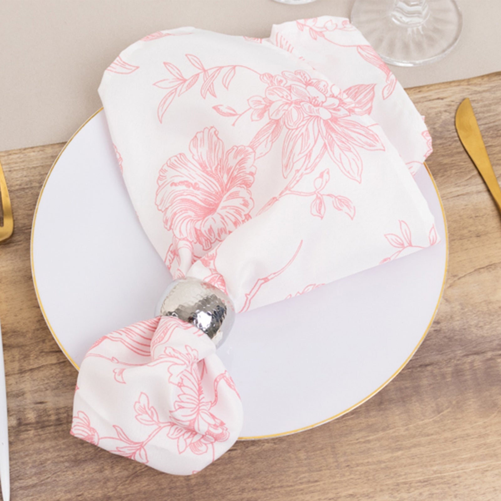 Hot Deal! 5-Pack 20x20 Pink & White French Toile Floral Polyester Reusable Dinner Napkins
