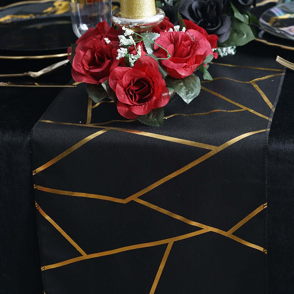 9ft Black Polyester Table Runner with Stunning Gold Foil Geometric Accent