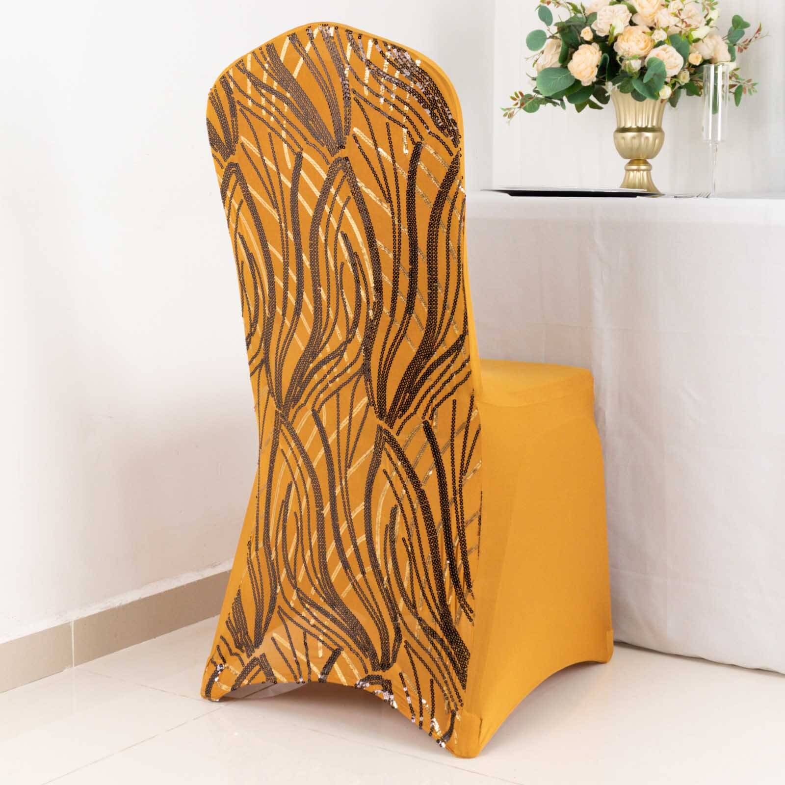 Hot! Gold/Black Glittering Spandex Chair Cover with Wave Embroidered Sequins for Banquets