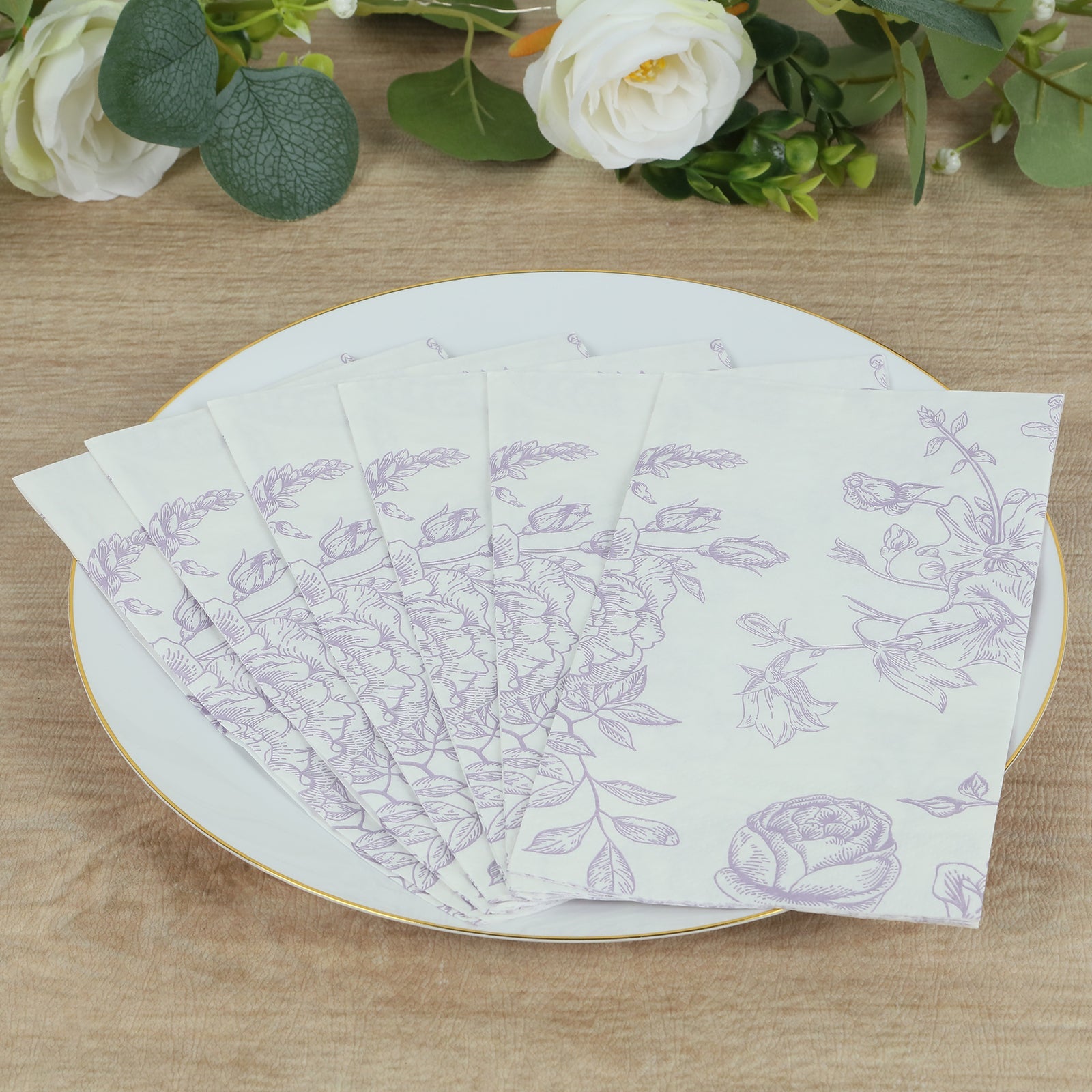 Get 50 Pack 2-Ply Disposable Paper Dinner Napkins in Trendy French Toile Floral Design, Matte Lavender & White, Highly Absorbent