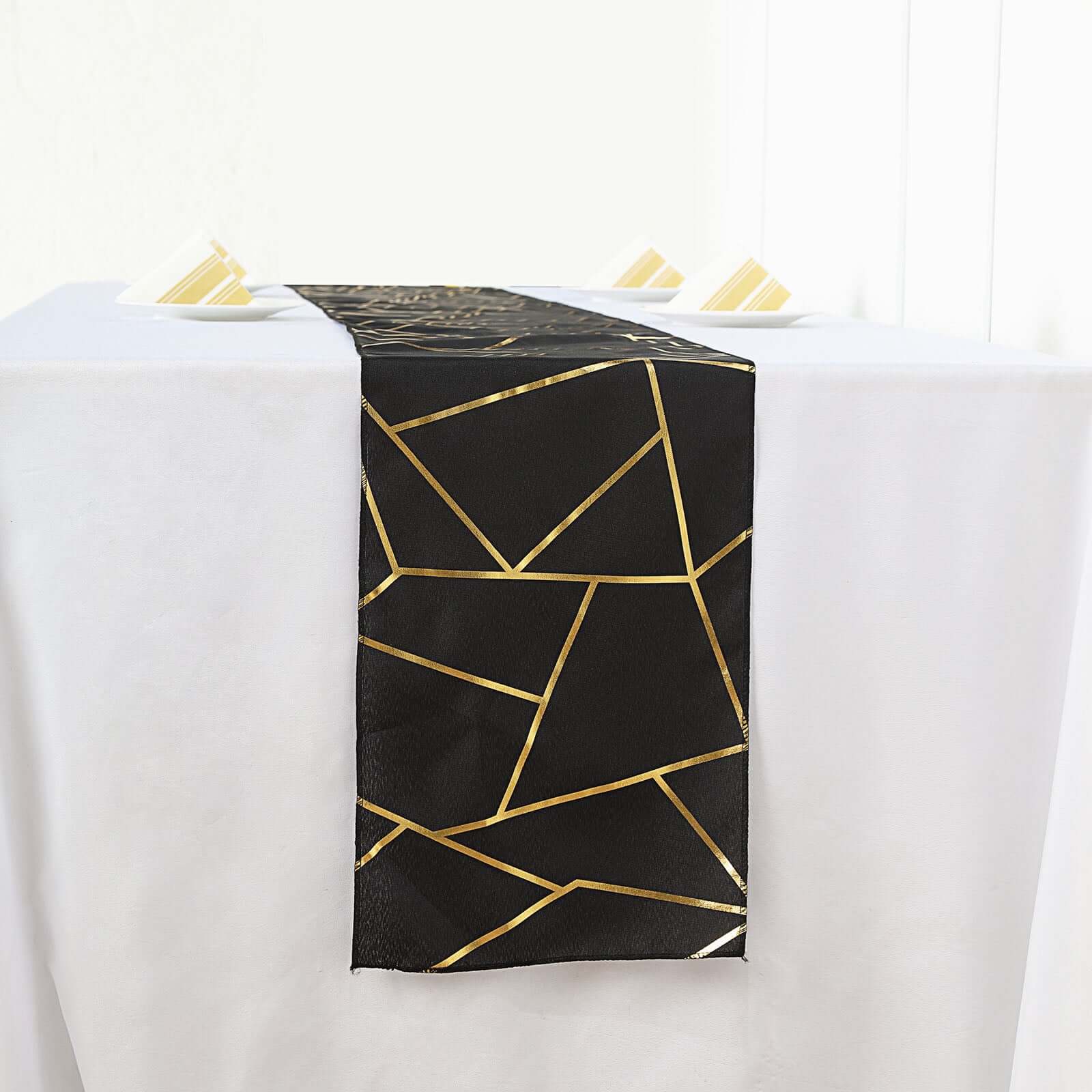 9ft Black Polyester Table Runner with Stunning Gold Foil Geometric Accent
