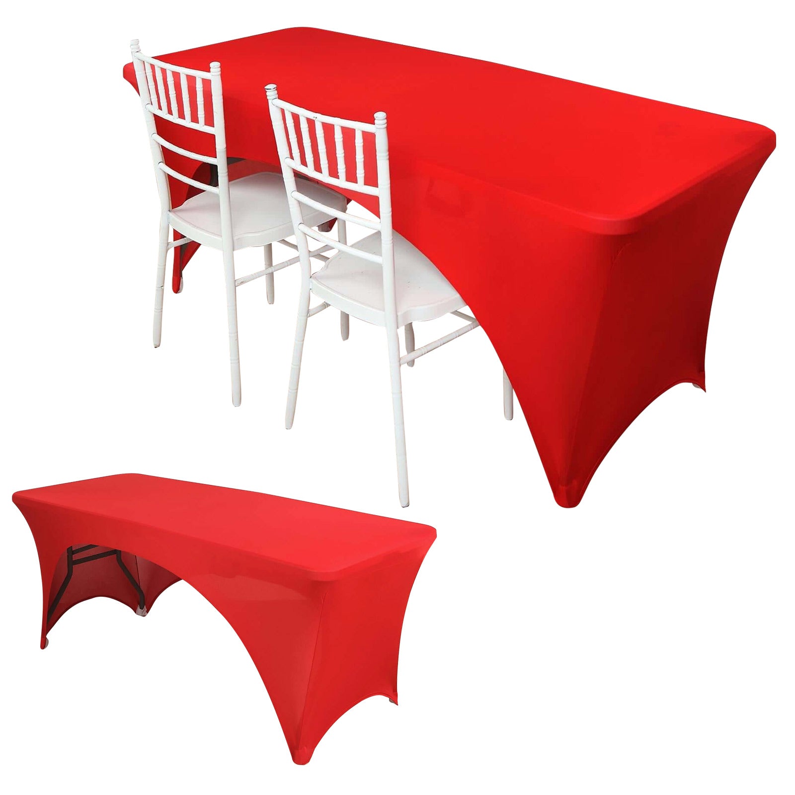 Red Stretch Spandex 96x30 Rectangle Table Cover with Curved Open Back for Professional Look