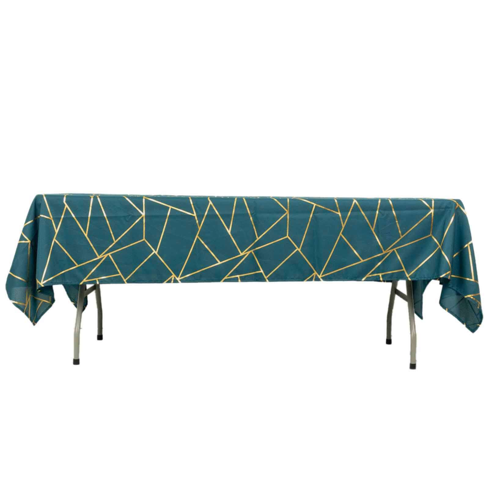 Wrinkle-Resistant & Durable Polyester Tablecloth: 60x102 Rectangle in Peacock Teal with Gold Foil Geometric Pattern