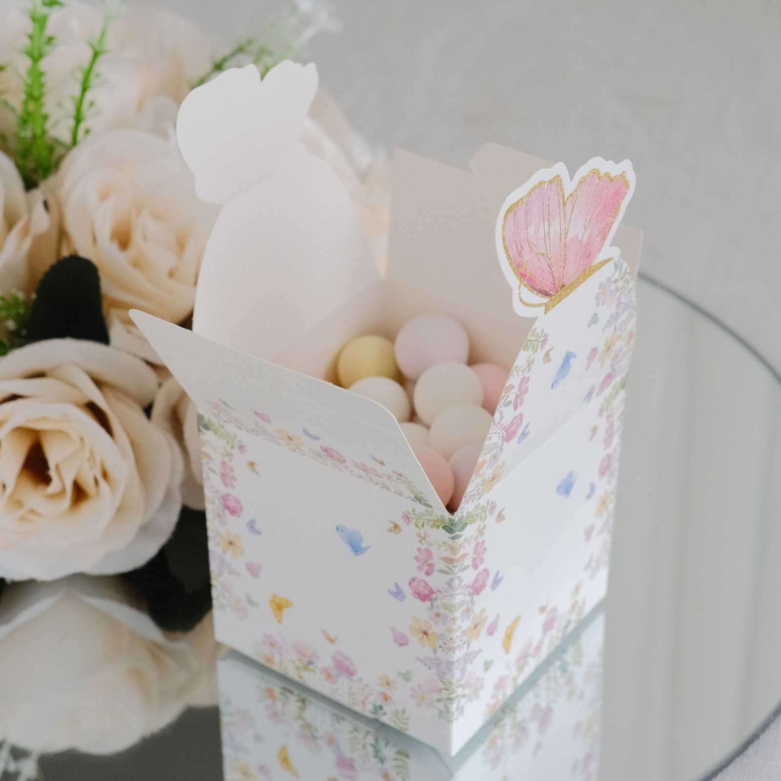 Hot Deal! 25-Pack White and Pink Glitter Butterfly Top Floral Party Favor Candy Gift Boxes