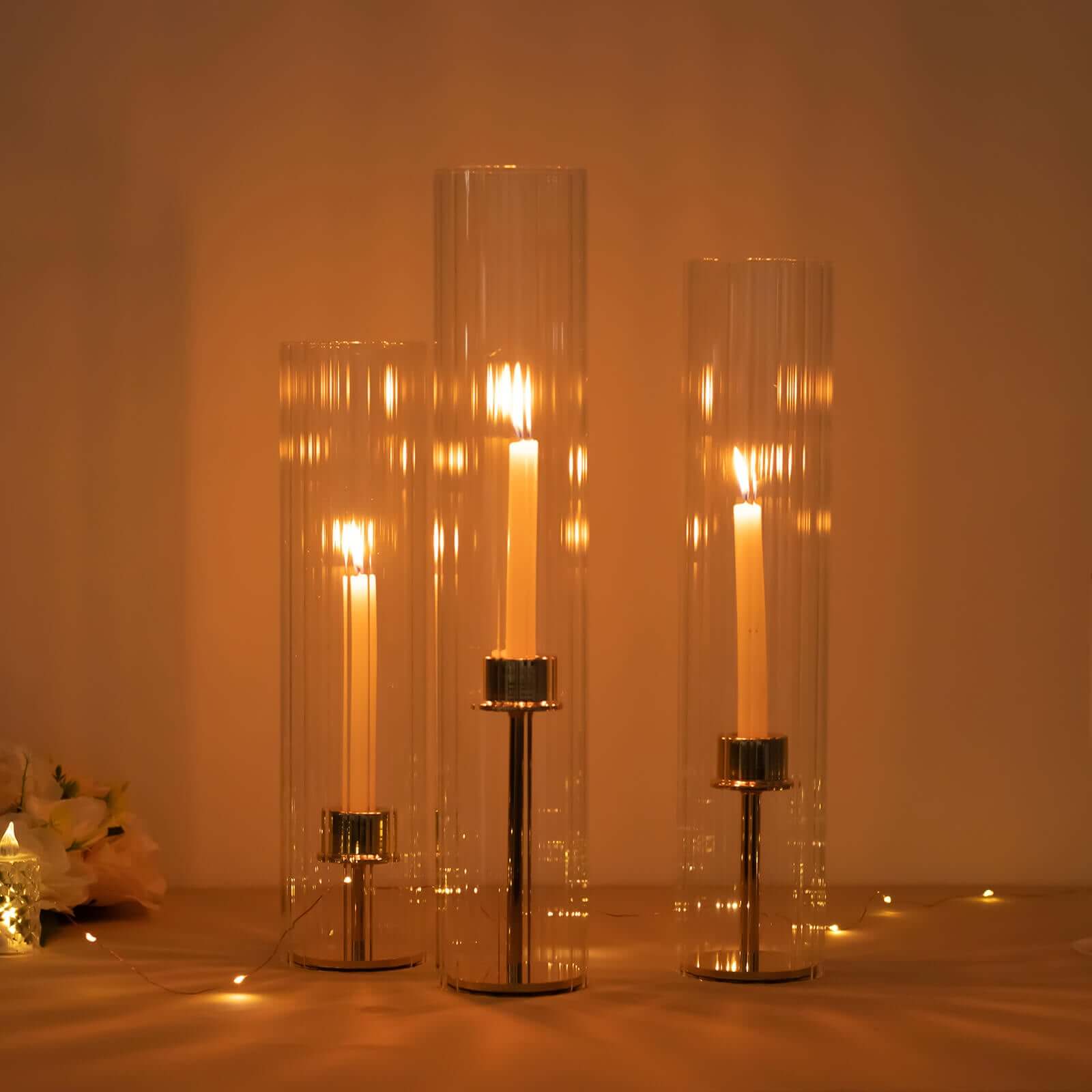 Stylish Set of 3 Clear Ribbed Glass Hurricane Shades for Candles - 15', 17', 19'