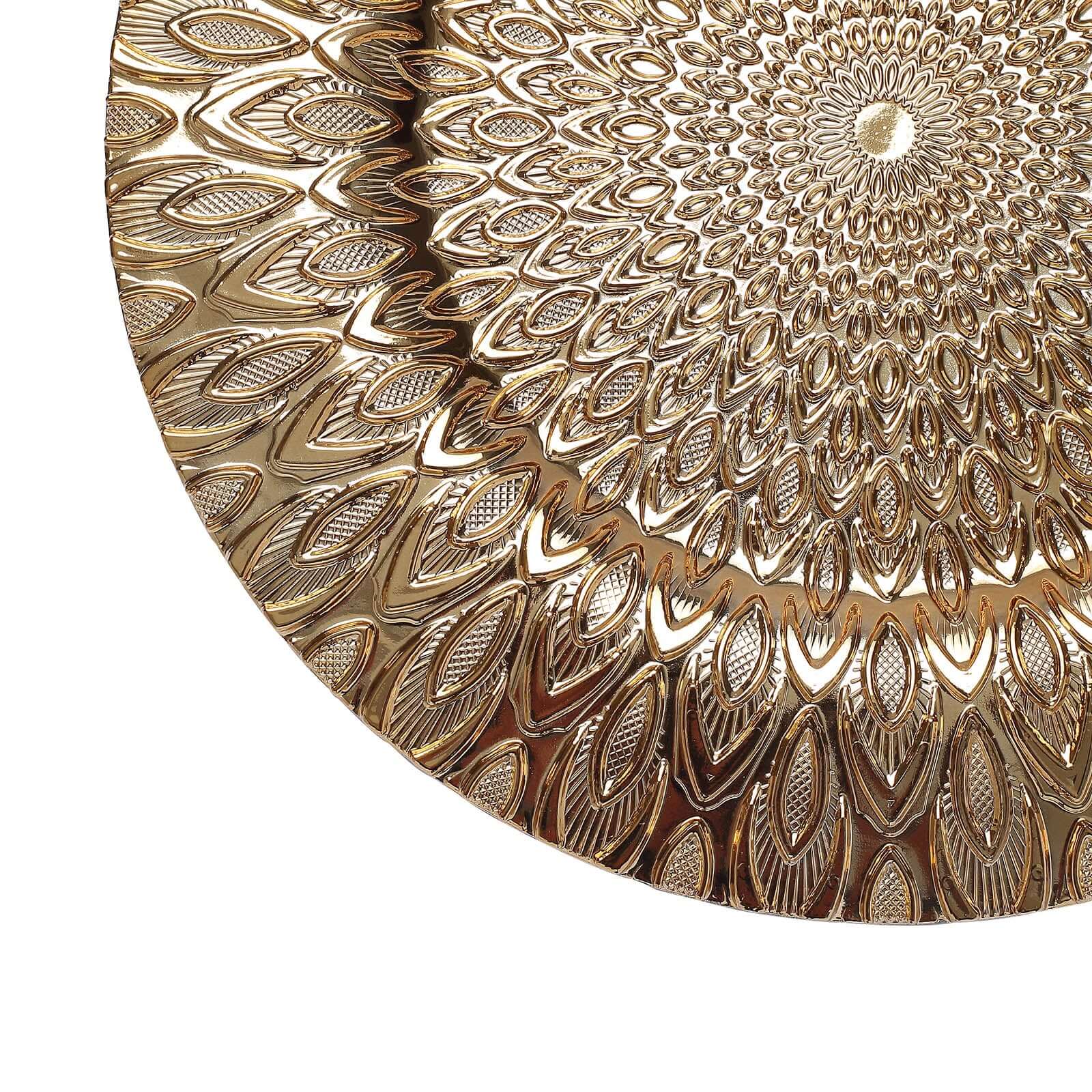 Hot Sale! 6-Piece Set of 13-Inch Gold Plastic Charger Plates with Embossed Peacock Design