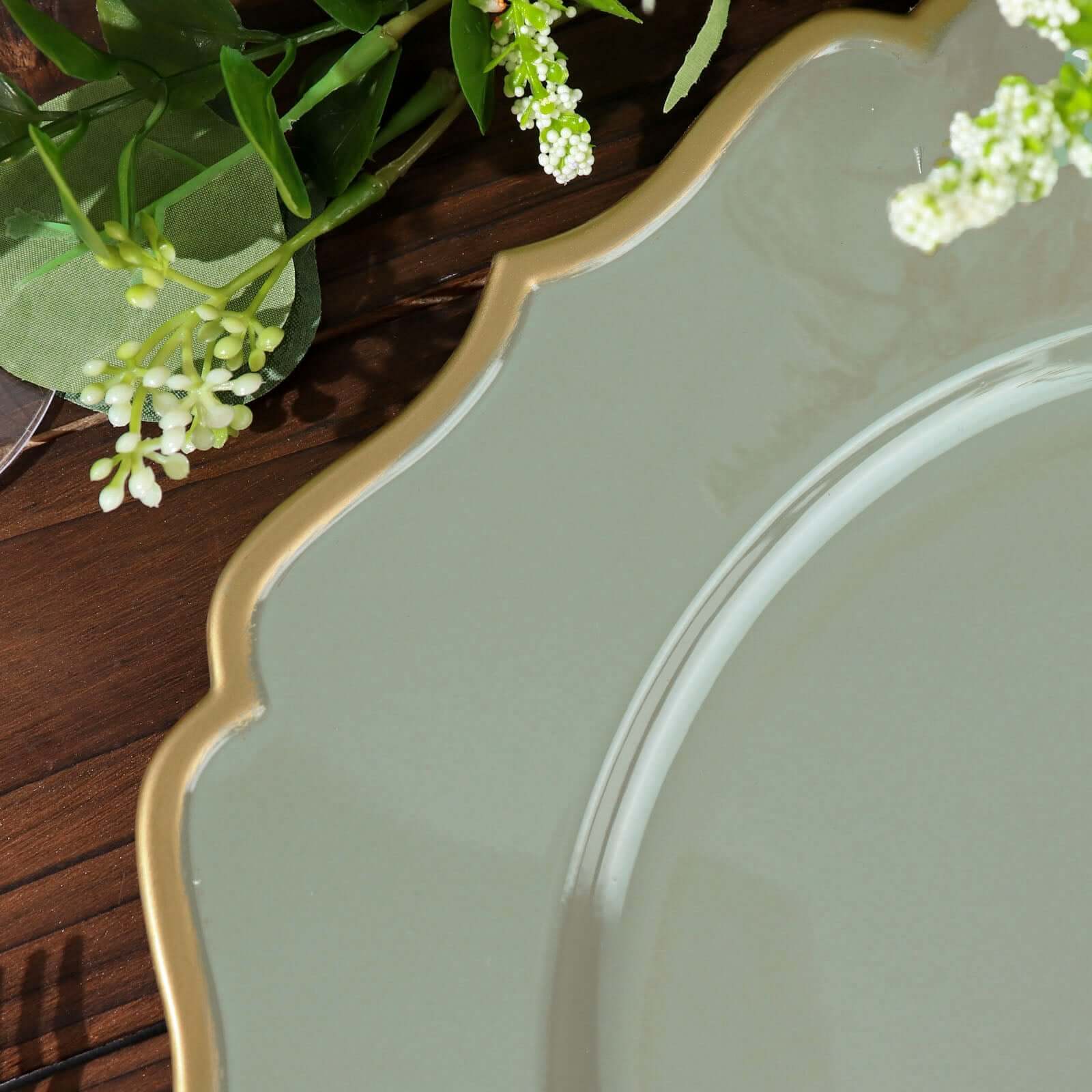 6-Piece Set of 13-Inch Dusty Sage Green Acrylic Charger Plates with Gold Scalloped Edges