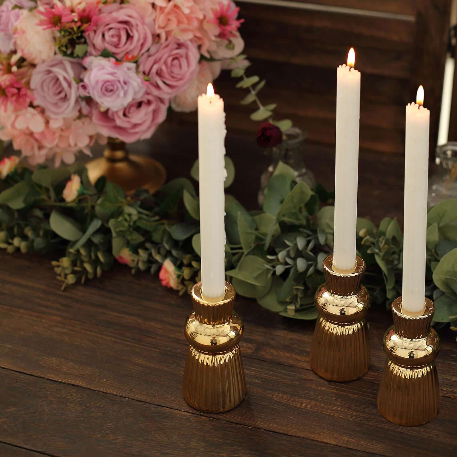 Set of 3 Metallic Gold Ceramic Taper Candle Holders with Fluted Ball Neck Design