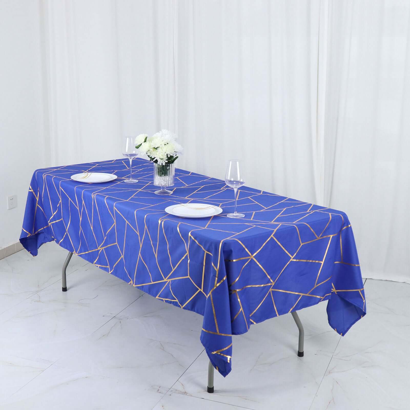 Wrinkle-Resistant & Durable Royal Blue Polyester Tablecloth with Gold Foil Geometric Pattern (60x102)