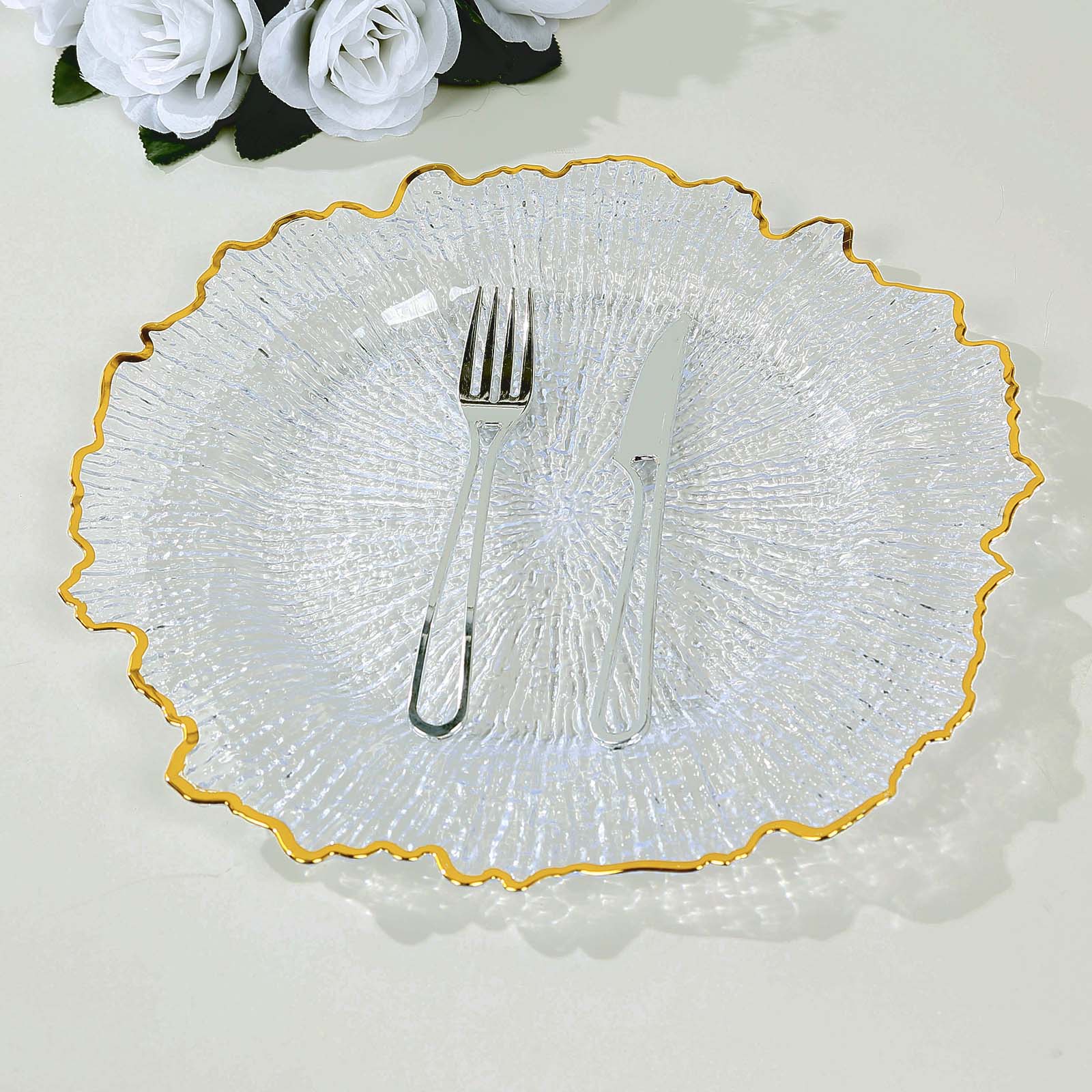 Hot Sale! 6-Pack 12-Inch Clear Plastic Round Charger Plates with Gold Reef Design for Dinner Parties