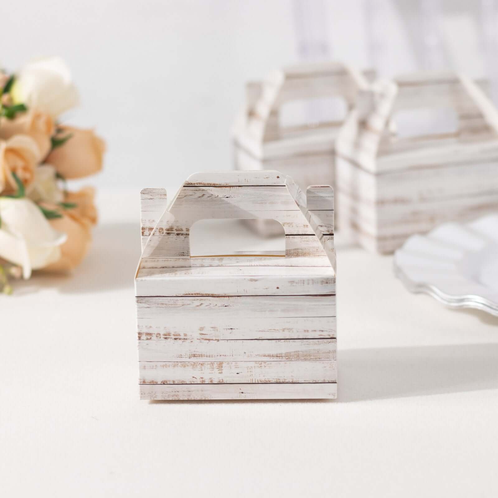 Get 25-Pack Rustic White Candy Gift Tote Gable Boxes with Wood Pattern