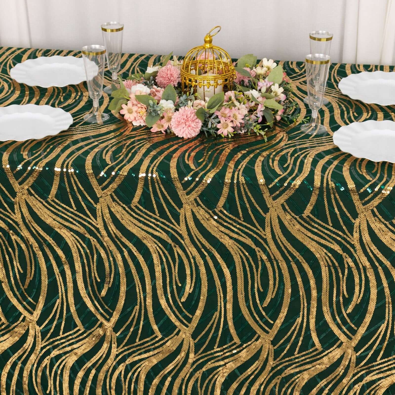 Sparkling Wave Sequin Embroidered Mesh Rectangle Tablecloth - Hunter Emerald Green/Gold