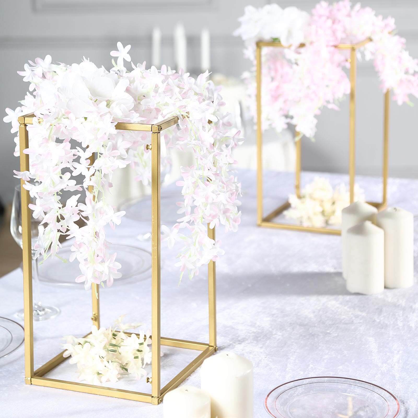 2-Pack Matte Gold Metal Rectangular Geometric Column Flower Stand for Elegant Floral Arrangements