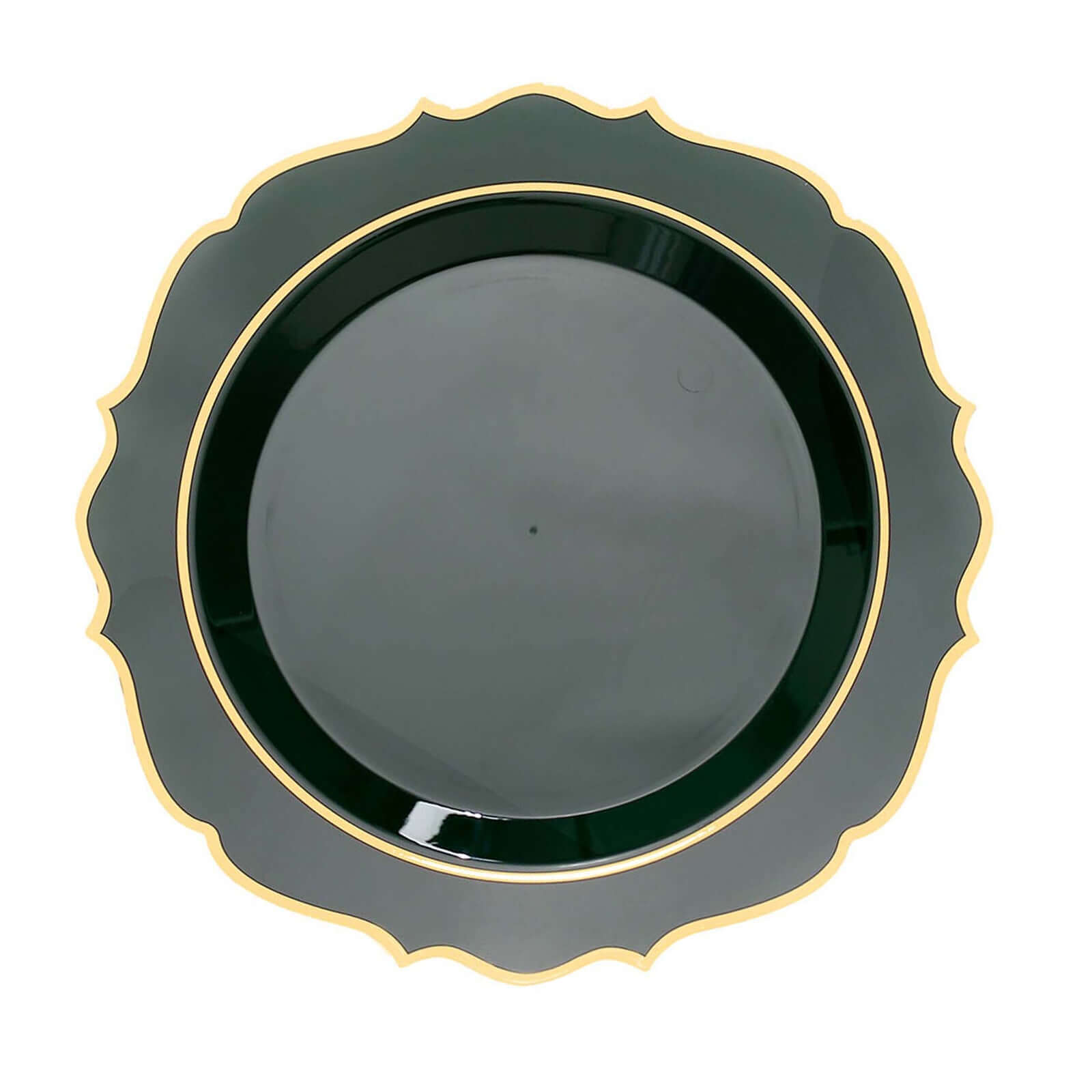 Get This 10-Pack of Disposable Hunter Emerald Green Plastic Round Dinner Plates with Gold Scalloped Rims