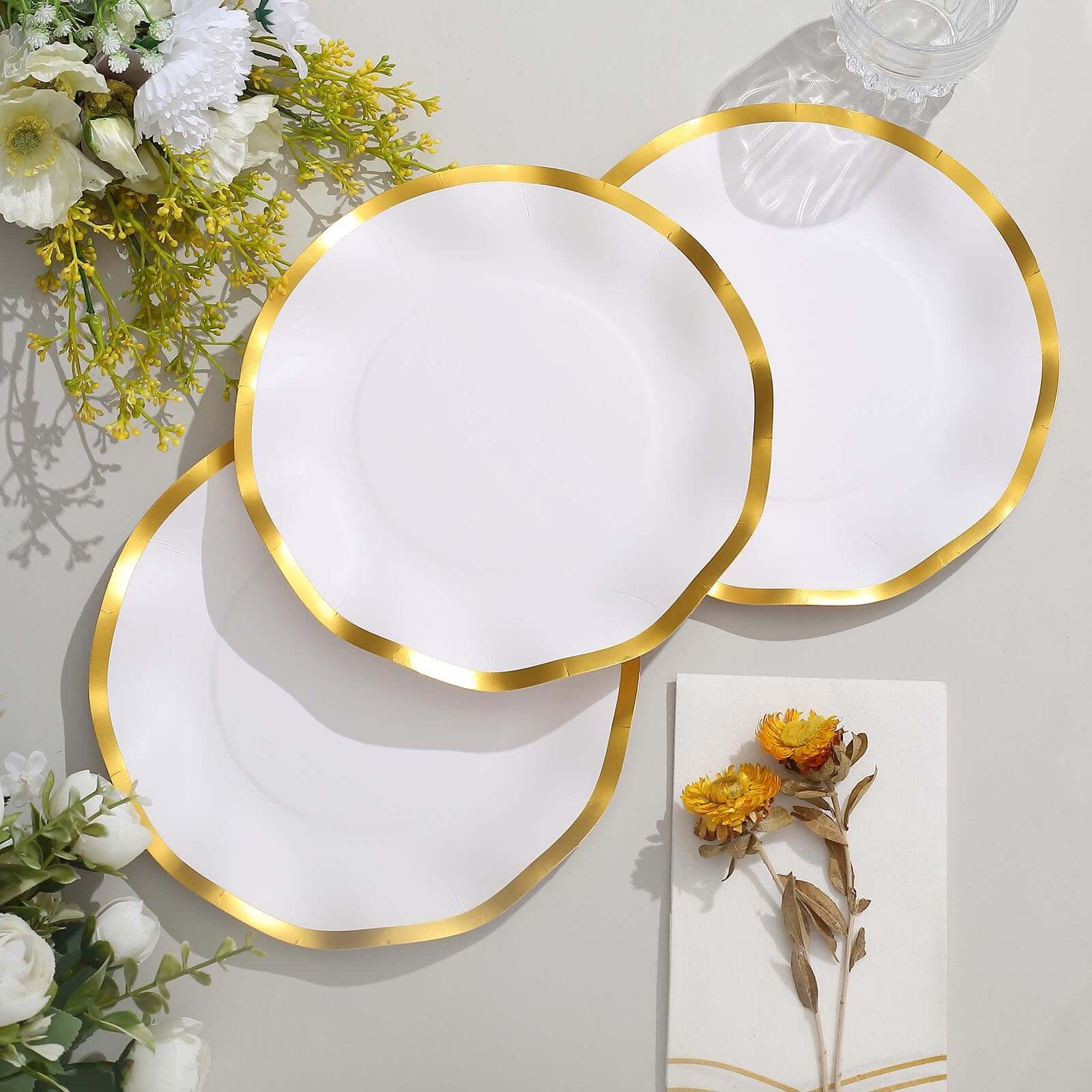25-Piece Set of Disposable 8-Inch Round Matte White Paper Dessert Plates with Gold Wavy Rim for Upscale Events
