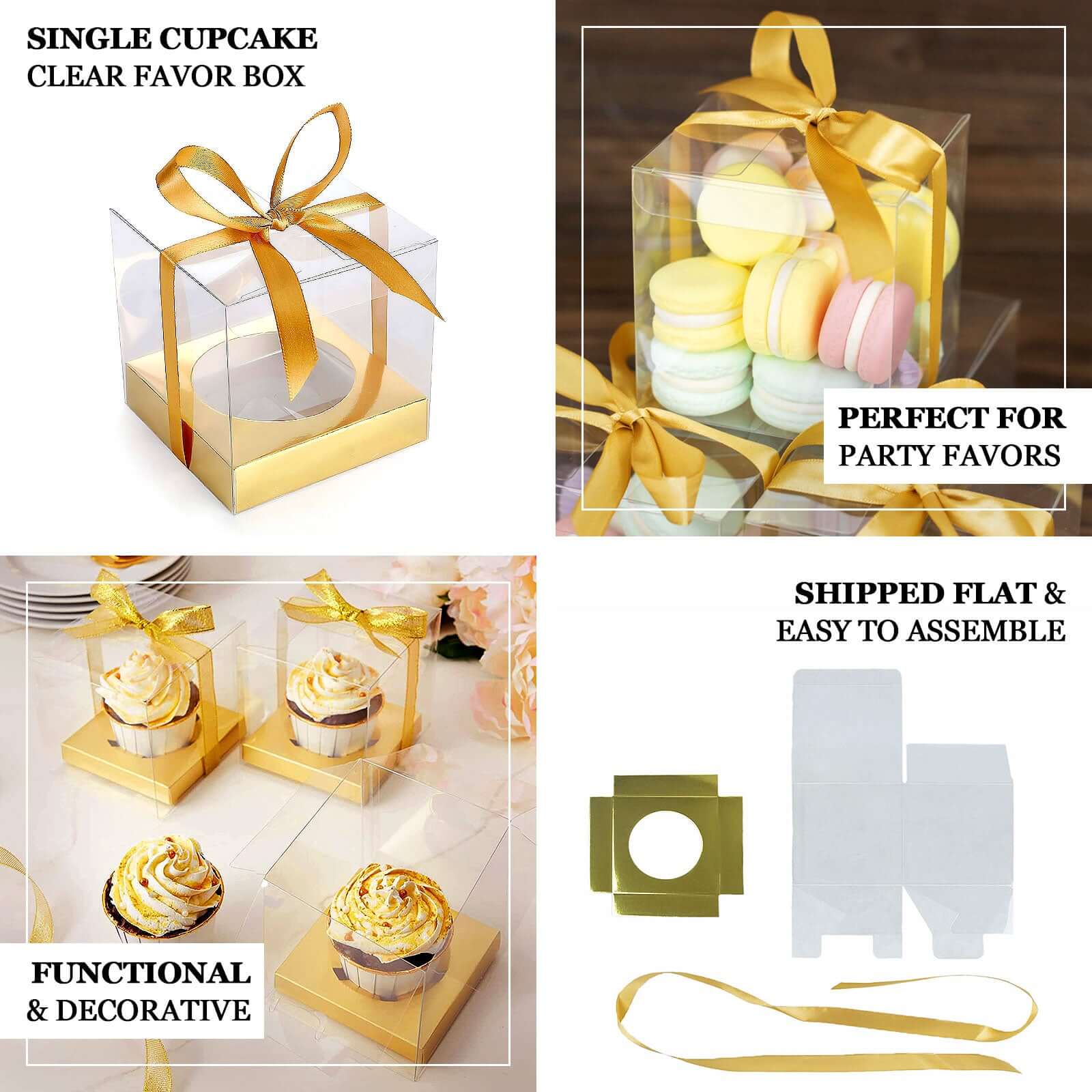 Hot Sale! 12-Pack 3.5-Inch Clear & Gold Disposable Plastic Cupcake Boxes with Ribbon for Weddings and Parties