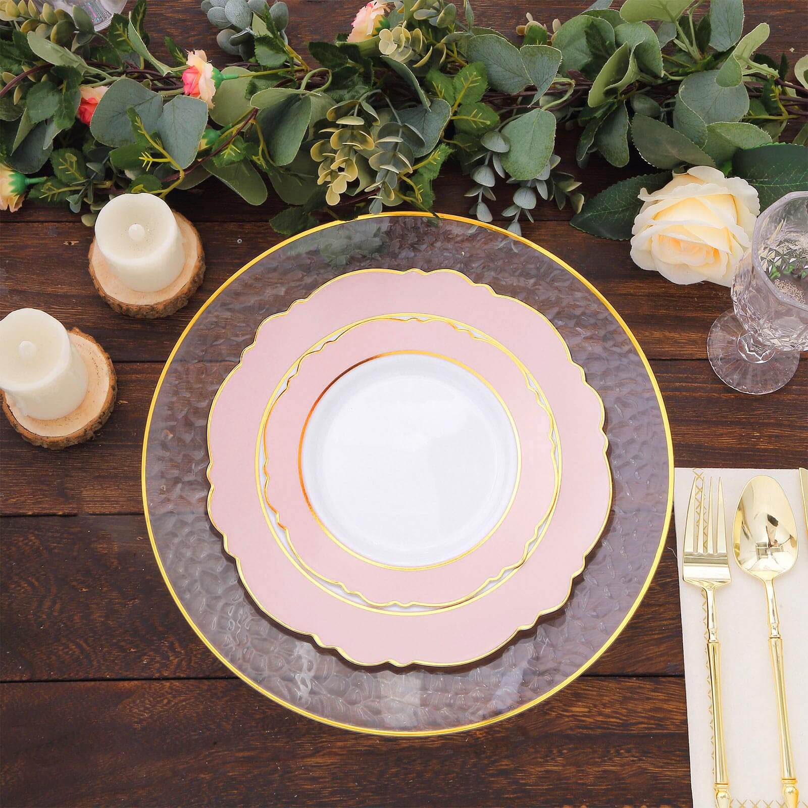 10-Pack Disposable White Plastic Dessert Plates with Blush Blossom & Gold Edging