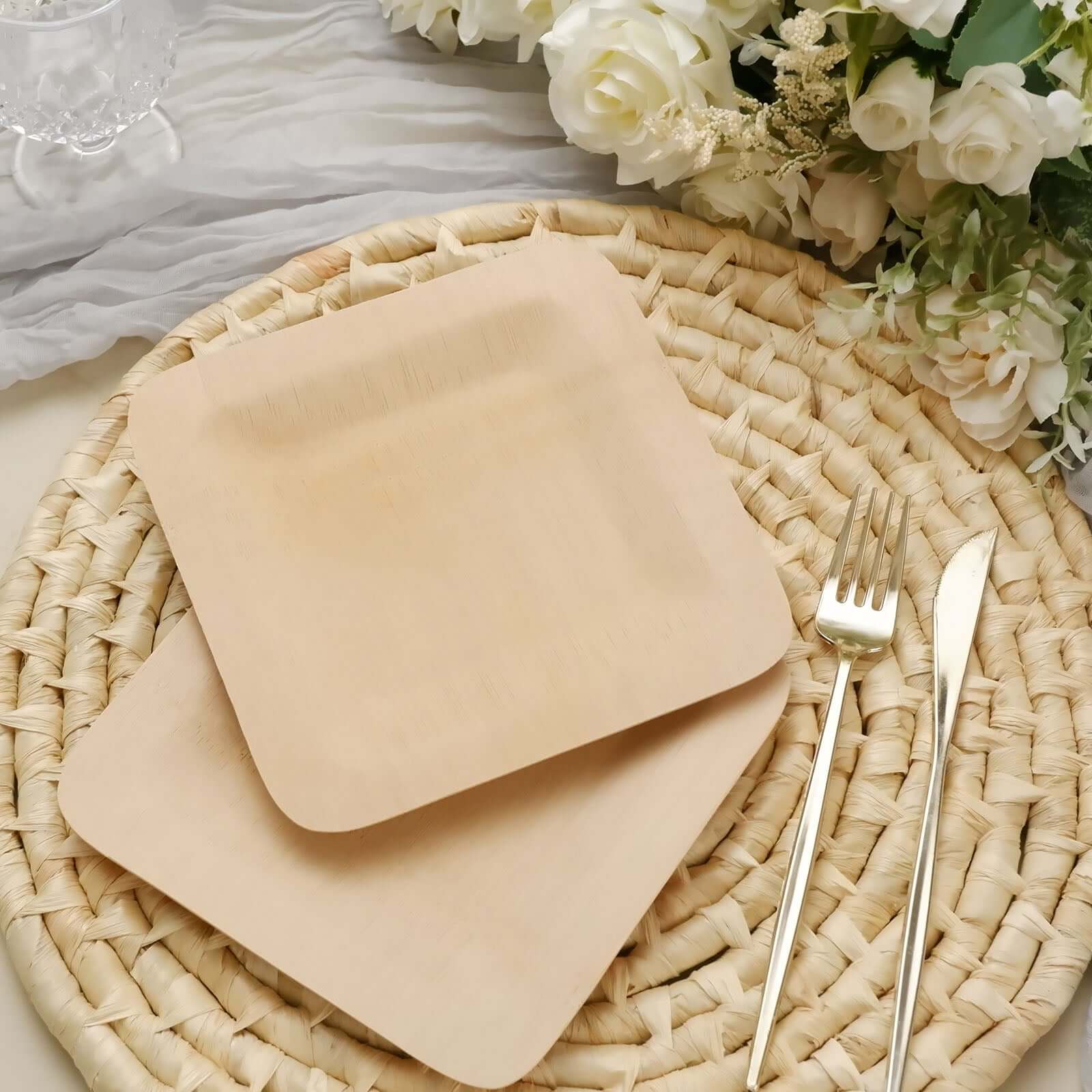 10-Pack Natural Bamboo 9 Square Dinner Plates - Eco-Friendly Disposable for Events