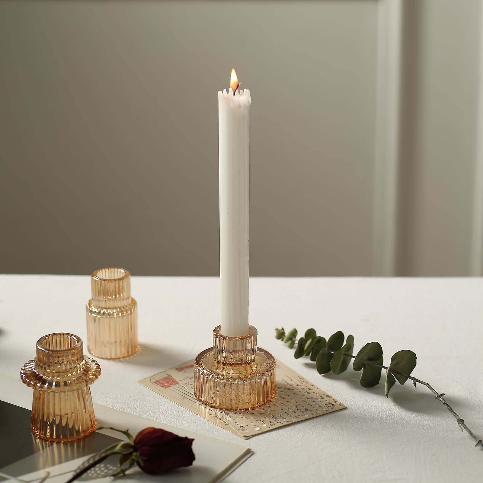 Hot Sale! Set of 6 Amber Gold Glass Taper Candle Holders with Ribbed Crystal Design