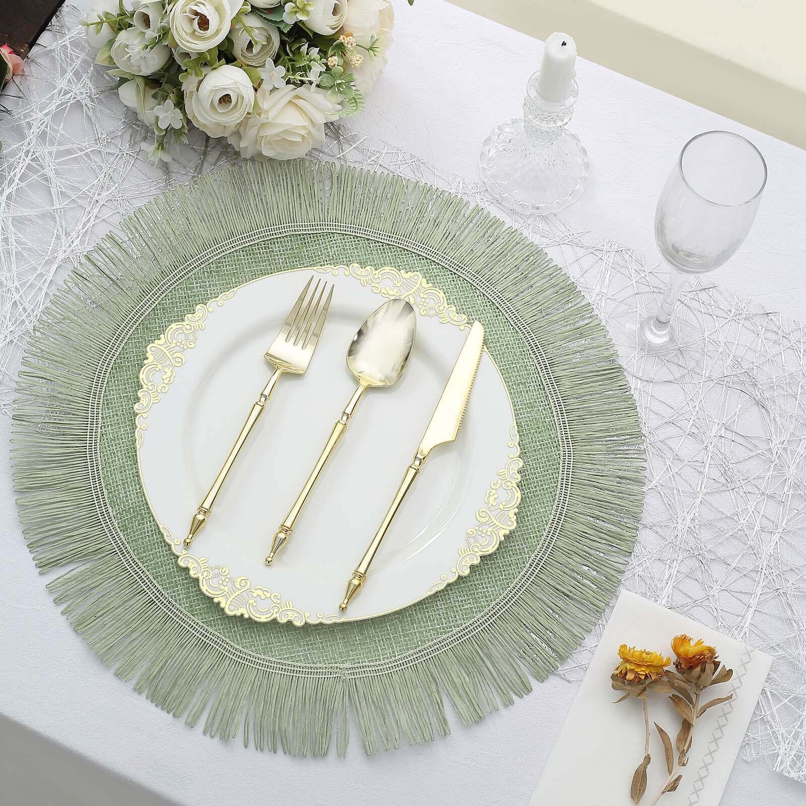 4-Piece Sage Green Jute Round Placemats with Fringe Edge - Rustic Boho Table Decor