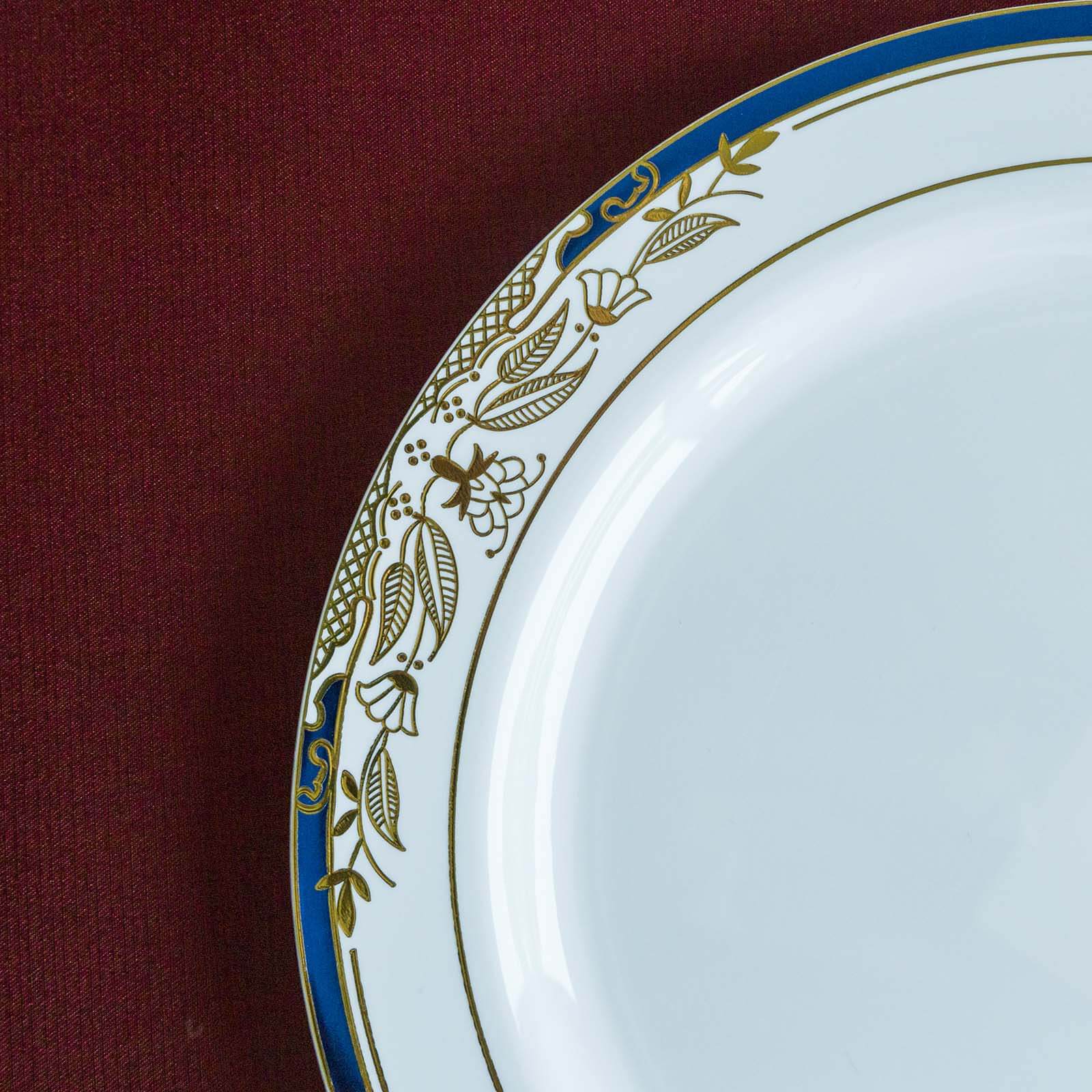 10-Pack Disposable White Dinner Plates with Royal Blue Rim and Gold Vine Design for Special Events