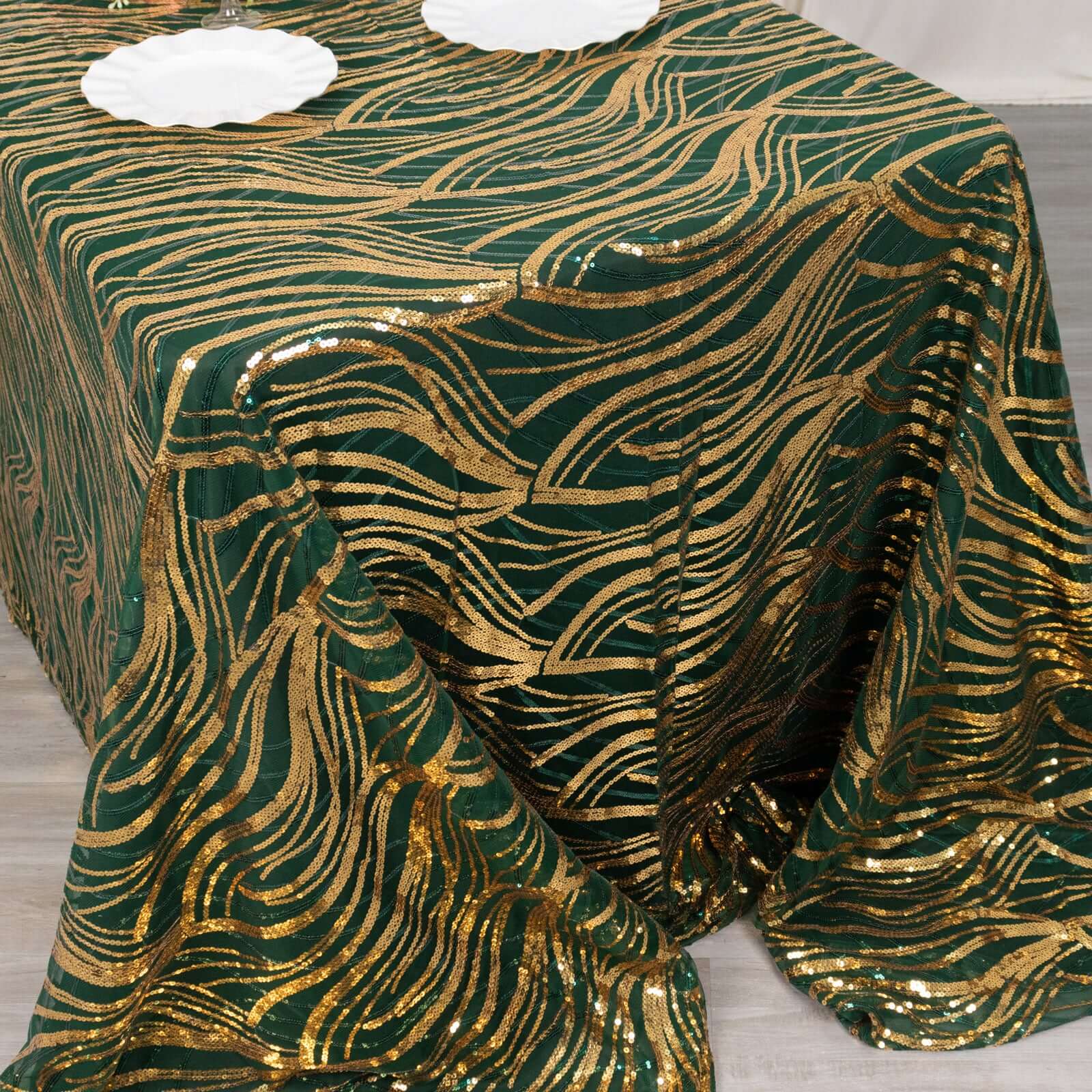 Sparkling Wave Sequin Embroidered Mesh Rectangle Tablecloth - Hunter Emerald Green/Gold