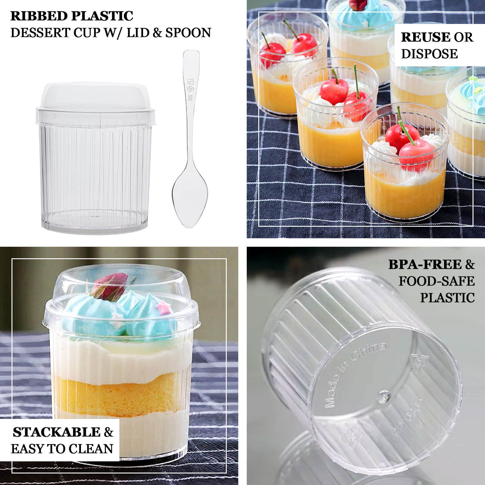 24-Pack 5oz Clear Ribbed Plastic Fruit Dessert Cups with Lid and Spoon - Ideal for Parfaits
