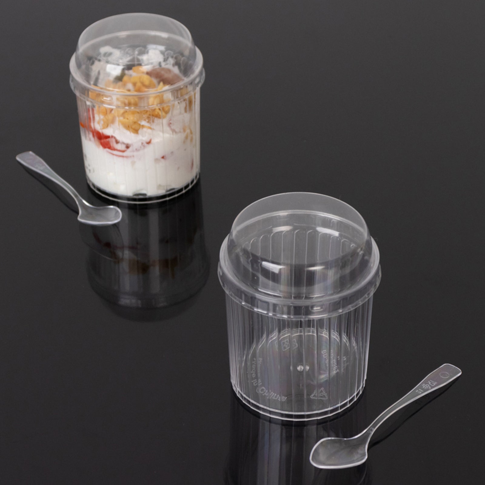 24-Pack 5oz Clear Ribbed Plastic Fruit Dessert Cups with Lid and Spoon - Ideal for Parfaits