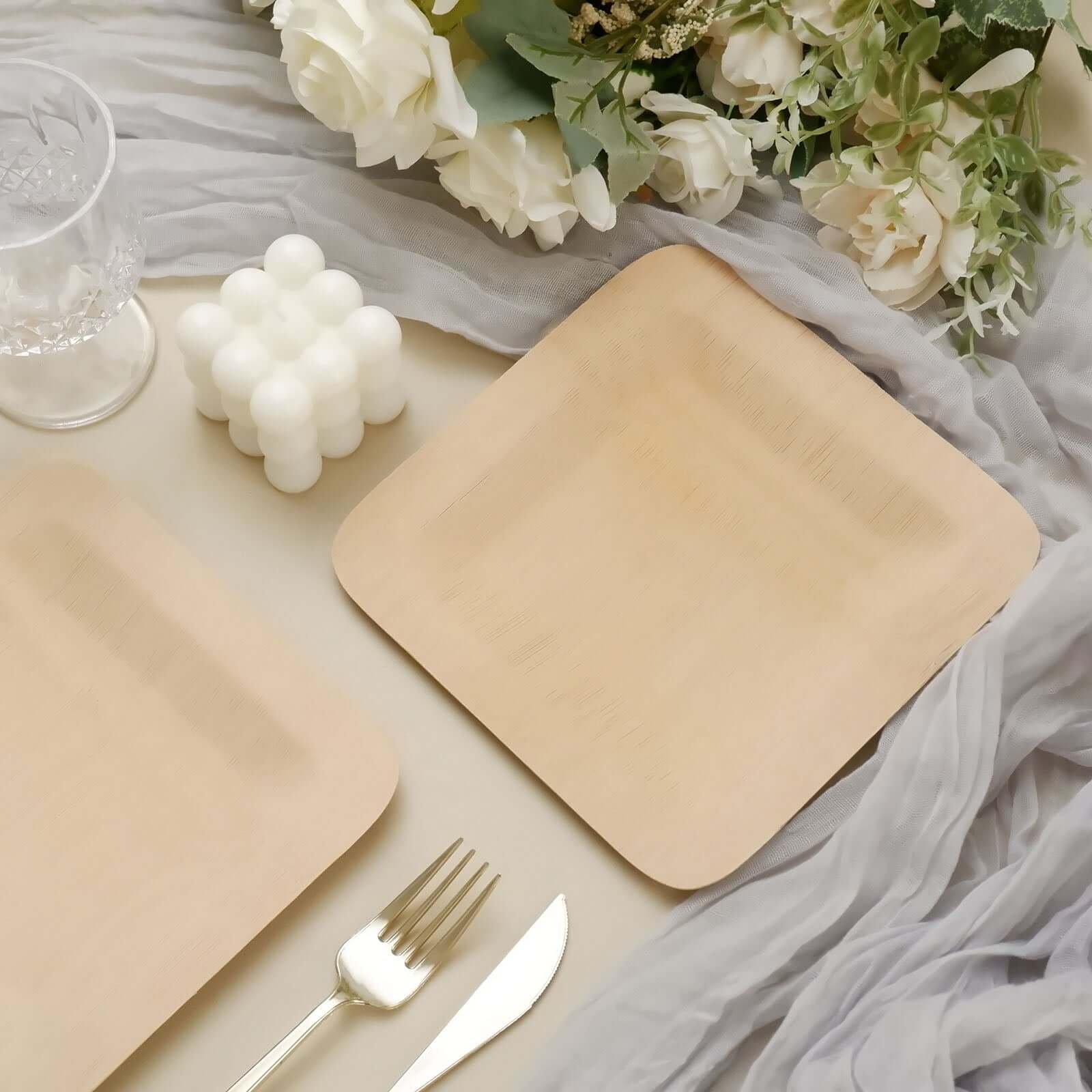10-Pack Natural Bamboo 9 Square Dinner Plates - Eco-Friendly Disposable for Events