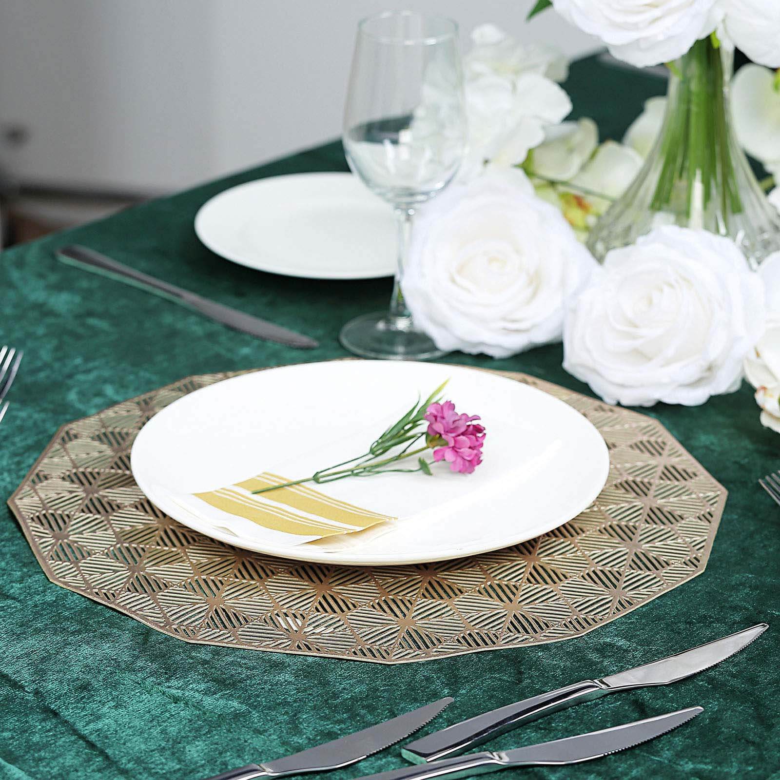 6-Piece Gold Geometric Woven Vinyl Dining Table Mats with Non-Slip Surface, 15 Inches