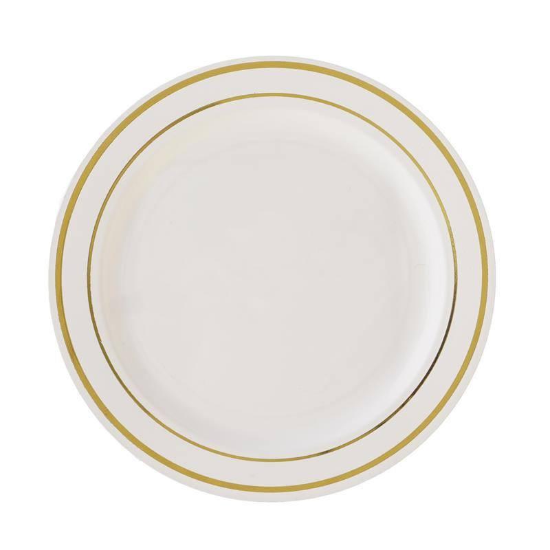 10-Piece Set of Disposable Ivory Plastic Dessert Plates with Stylish Gold Rim, 8 Inches
