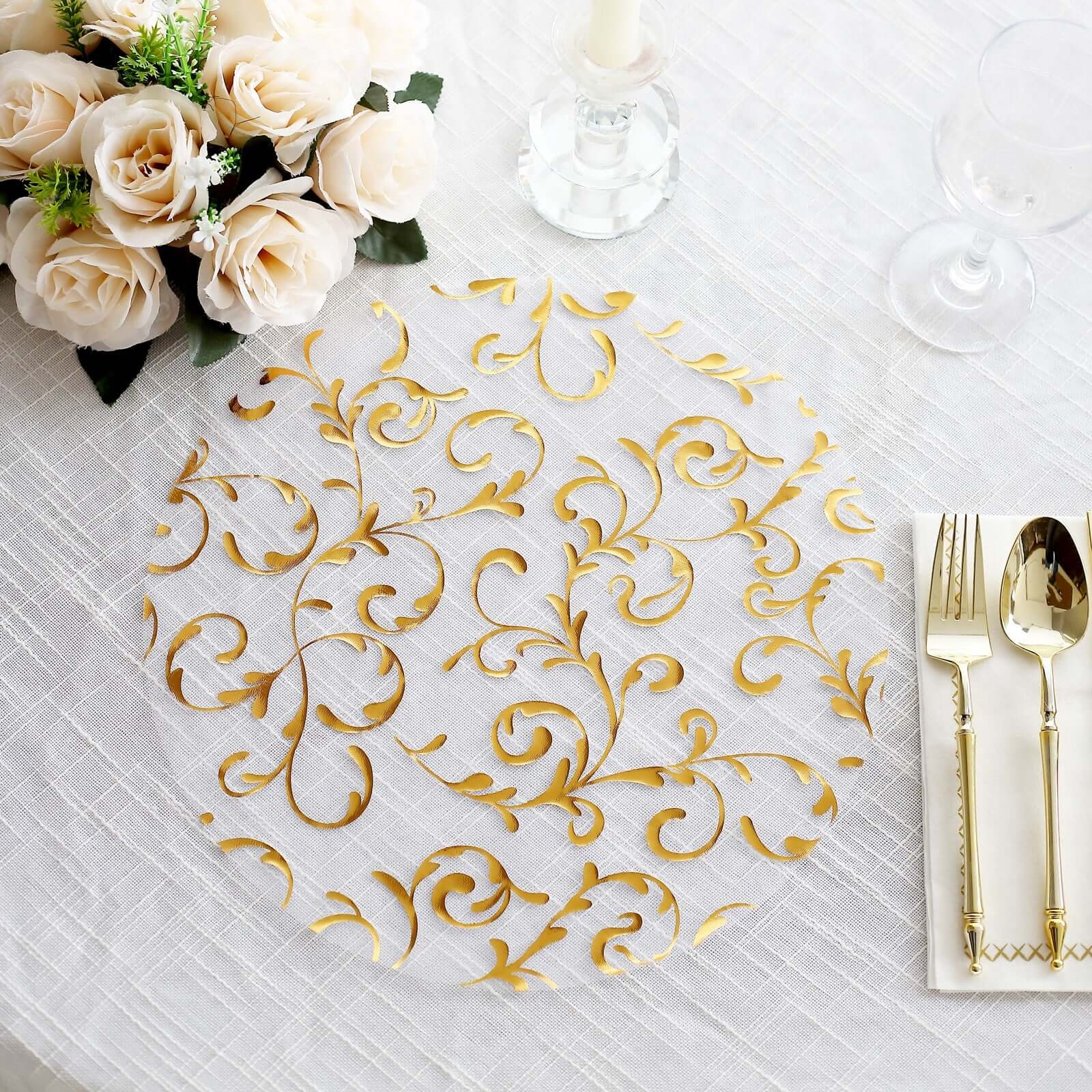 Hot Deal! 10-Pack Metallic Gold Round Organza Disposable Table Placemats with Embossed Foil Flower Design