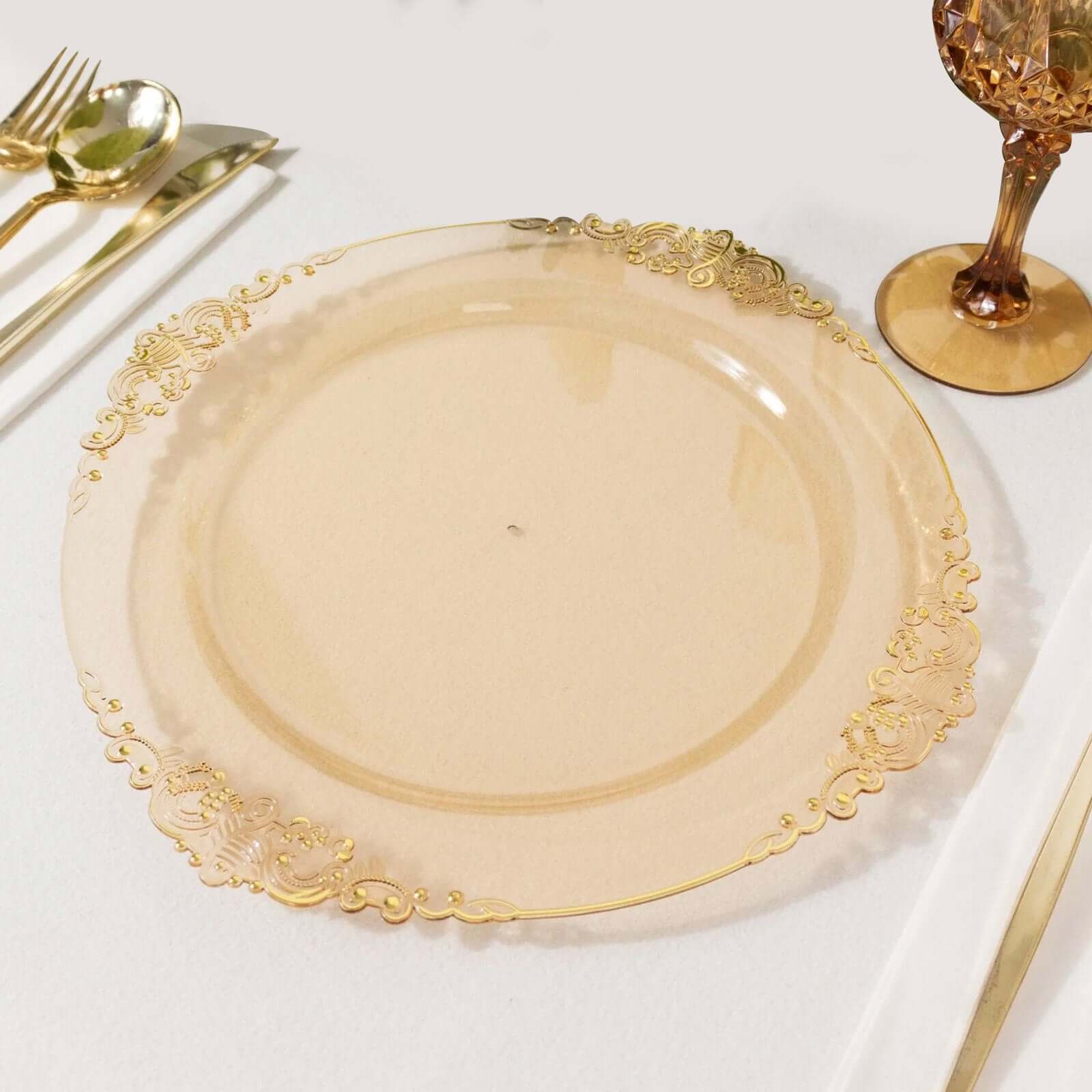 10-Pack Disposable Plastic Round Dinner Plates in Transparent Amber Gold with Gold Leaf Rim