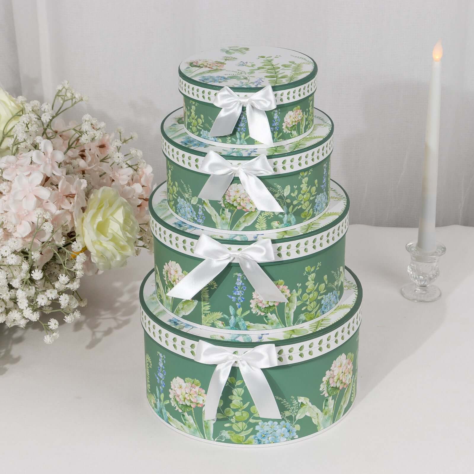 4-Piece Set of Greenery-Themed Cardstock Round Nesting Gift Boxes with Lids