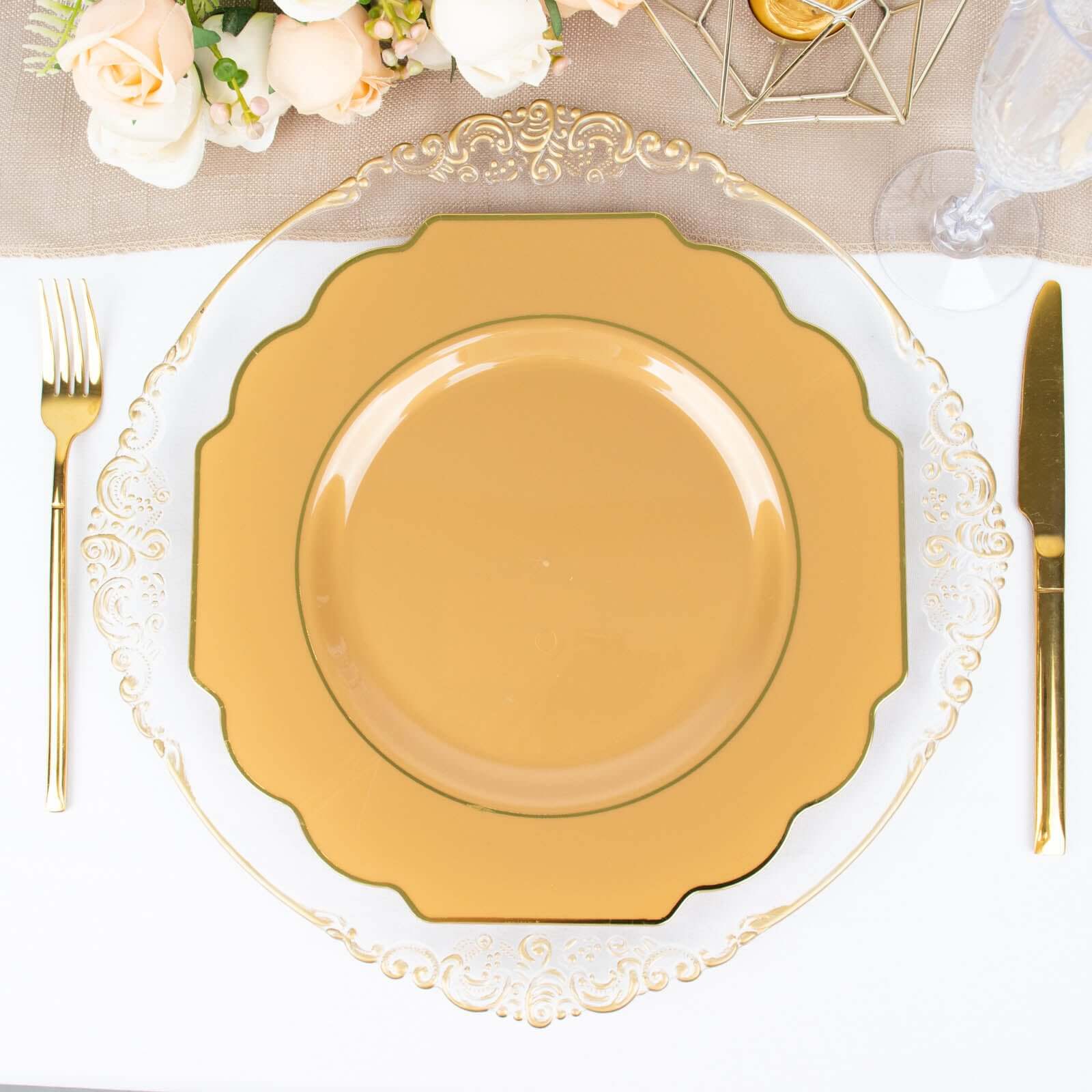 Get 10-Pack Heavy Duty Disposable Gold Baroque Dinner Plates with Scalloped Rim for Events