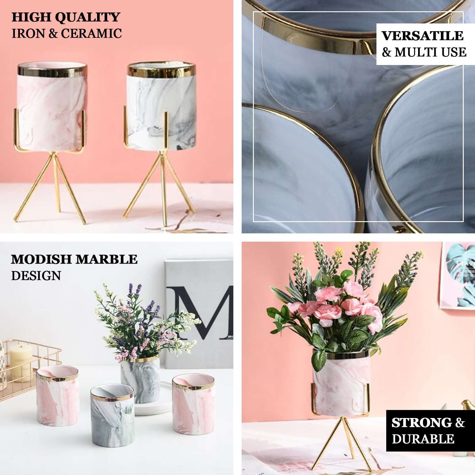 Hot Sale! Gold Rimmed Pink Marble Ceramic Planter with Gold Metal Stand - 8-Inch Decorative Vase