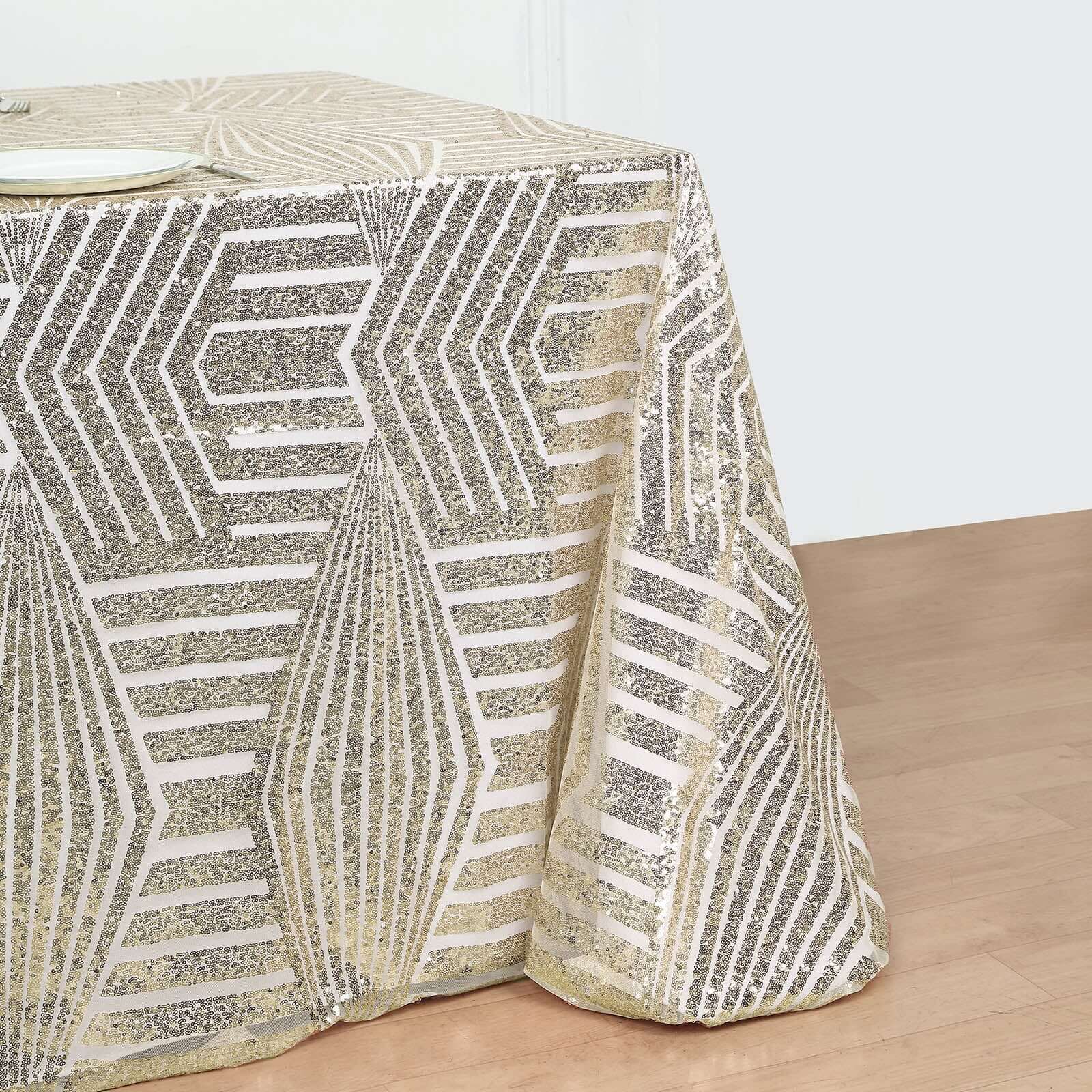 Exclusive Champagne Sequin Rectangle Tablecloth with Diamond Design