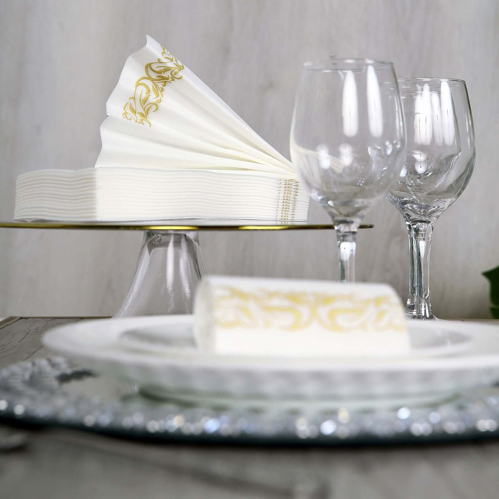 25-Pack Premium White Paper Napkins with Metallic Gold Foil Scroll Design - Ideal for Weddings & Events