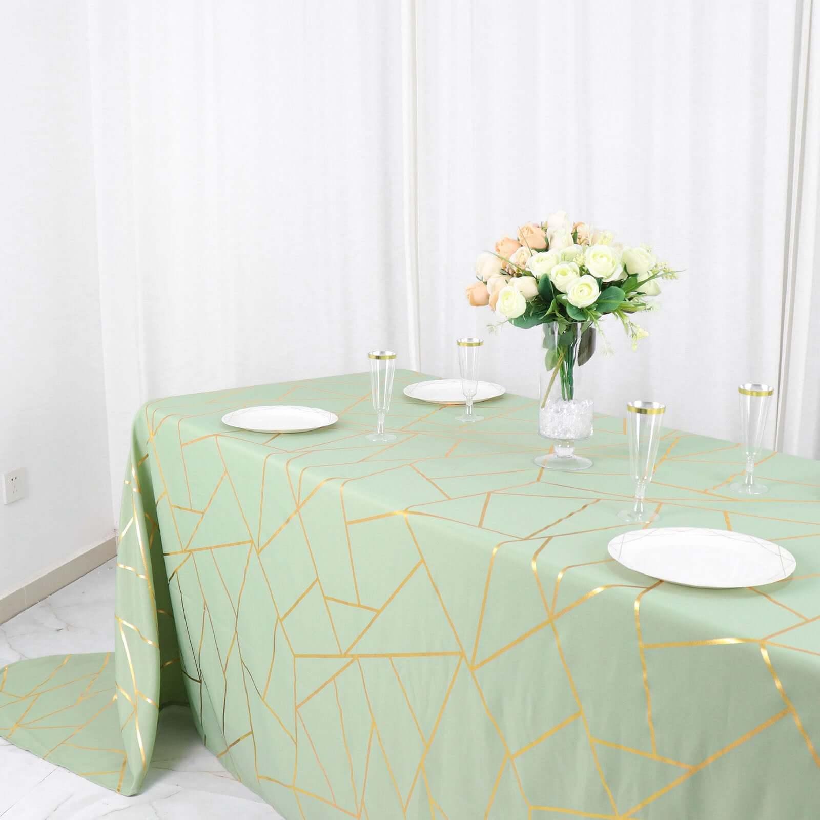 Hot Sale! Wrinkle-Resistant Polyester Rectangle Tablecloth in Sage Green with Gold Foil Geometric Pattern for Elegant Events