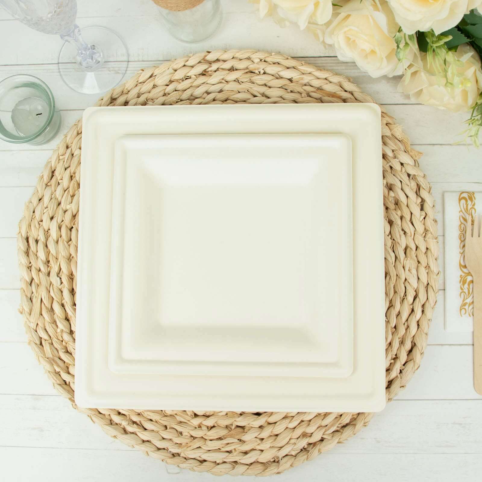 50-Pack White Bagasse 8" Square Wide Rim Dessert/Salad Plates - Eco-Friendly for Parties
